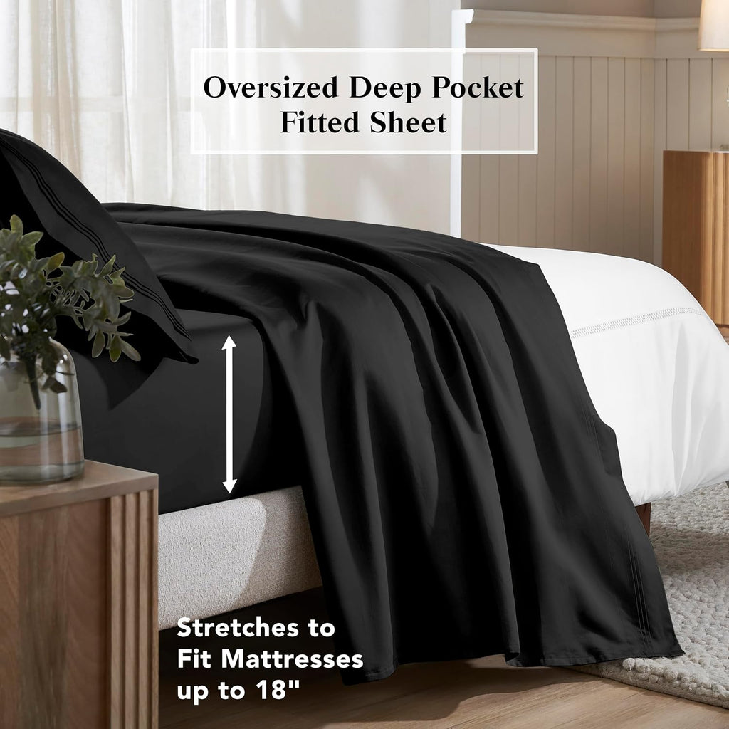 Superior Egyptian Cotton 4 Piece Sheet Set, 650 Thread Count, Modern Design, Sustainable Sheets, Ultra-Soft Basics, Solid, Deep Pocket Fitted Sheet, Flat Sheet, Pillowcases, King, Black