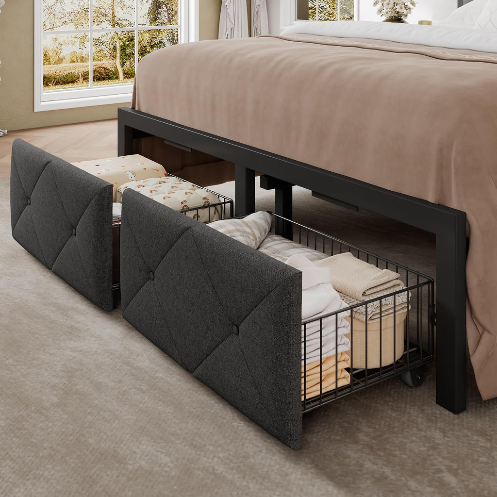 Einhomn Queen Bed Frame with 2 Storage Drawers, Metal Platform Bed with Charging Station, Upholstered Button Tufted Storage Headboard, No Box Spring Needed, Easy Assembly, Noise-Free, Grey