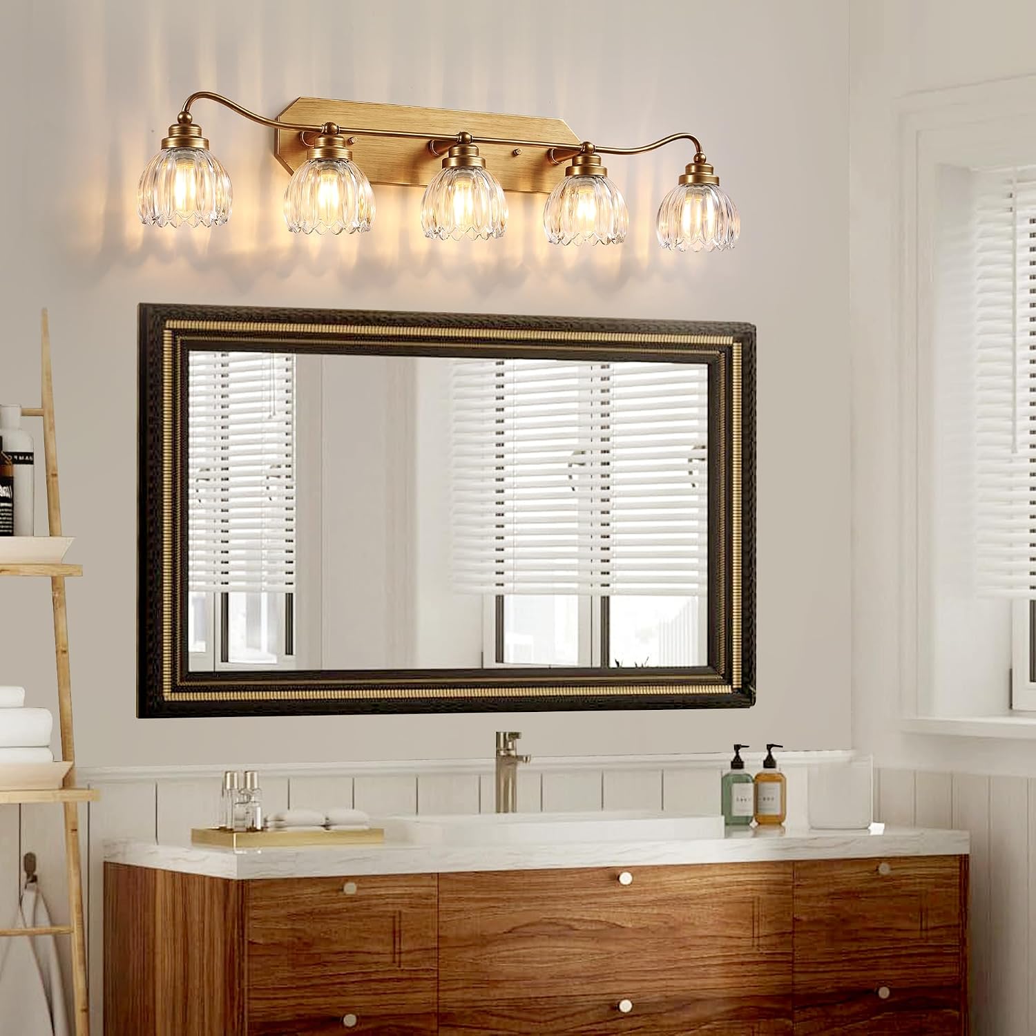 Vintage Bathroom Light Fixtures, 5 Light Gold Bathroom Vanity Light, Matte Antique Brass Finish with Crystal Glass Shade, Wall Sconces Lighting for Bedroom, Living Room, Hallway