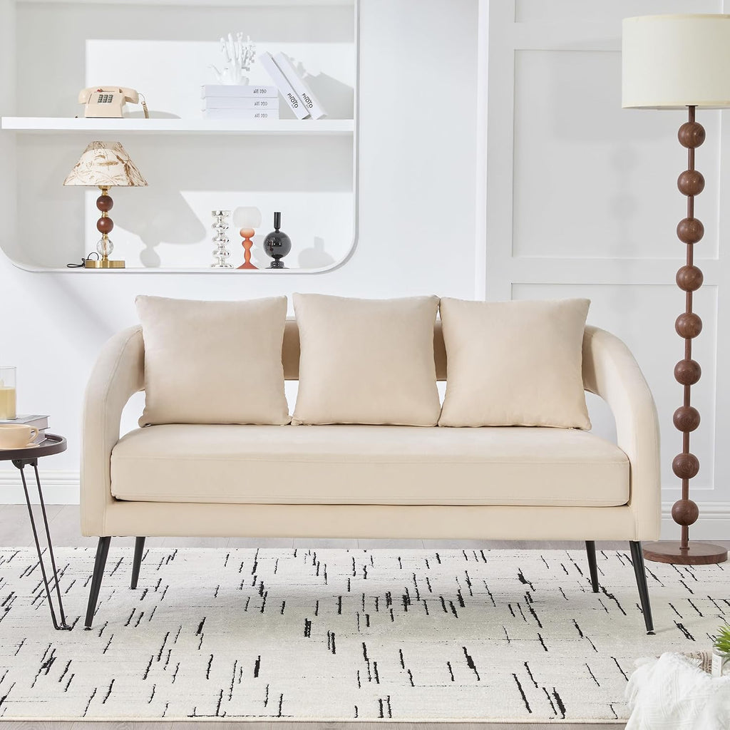53.7' Modern Velvet Loveseat Sofa with 3 Pillow,Small Comfortable 2 Seat Sofa with Metal Legs, Small Couch for Living Room,Bedroom,Office,Reception,Beige