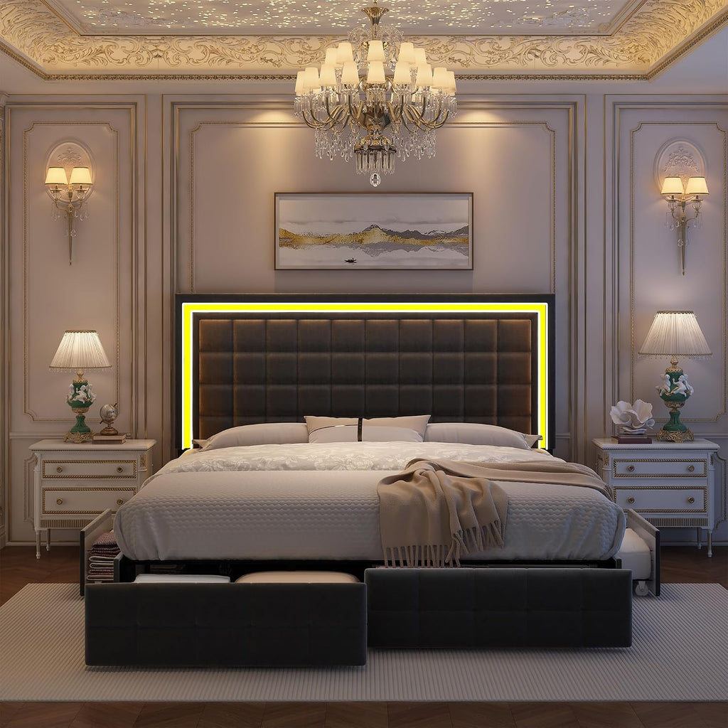 GEGOFORU Full Bed Frame with LED Lighting and Storage Drawers, No Box Spring Needed, Supports 900 lbs, Easy Assembly, Quiet and Sturdy Design, Velvet Gray