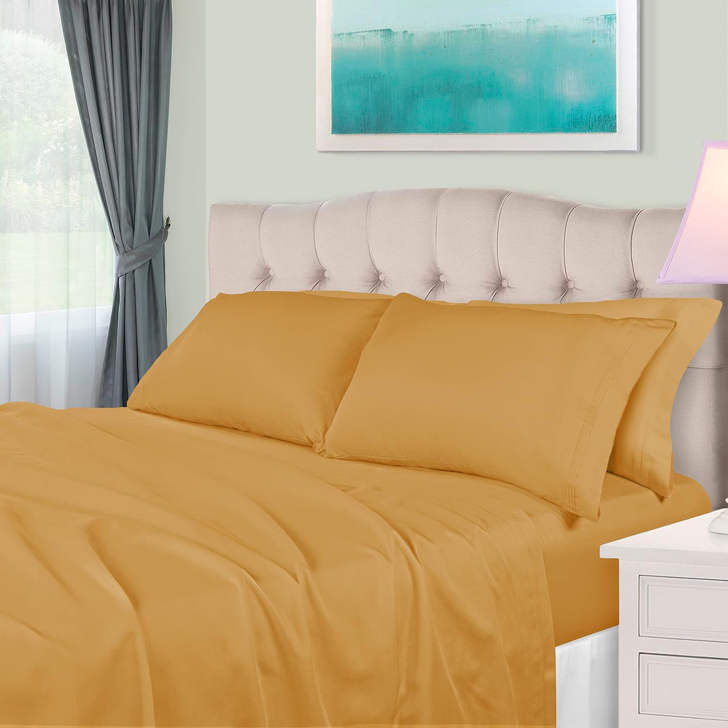 Superior Egyptian Cotton 5 Piece Sheet Set, 650 Thread Count, Eco-Friendly, Sustainable Sheets, Ultra-Soft Basics, Solid, Deep Pocket Fitted Sheets, Flat Sheet, Pillowcases, Split King, Gold