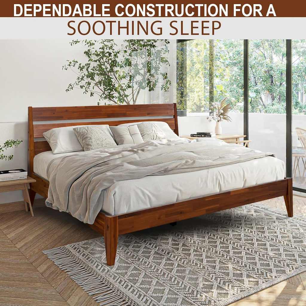 Acacia Emery Bed Frame with Headboard Solid Wood Platform Bed, Queen Size Bed Frame, Mid - Century Modern Wood Bed Compatible with All Mattresses, Easy Assembly, Non-Slip, Chocolate.