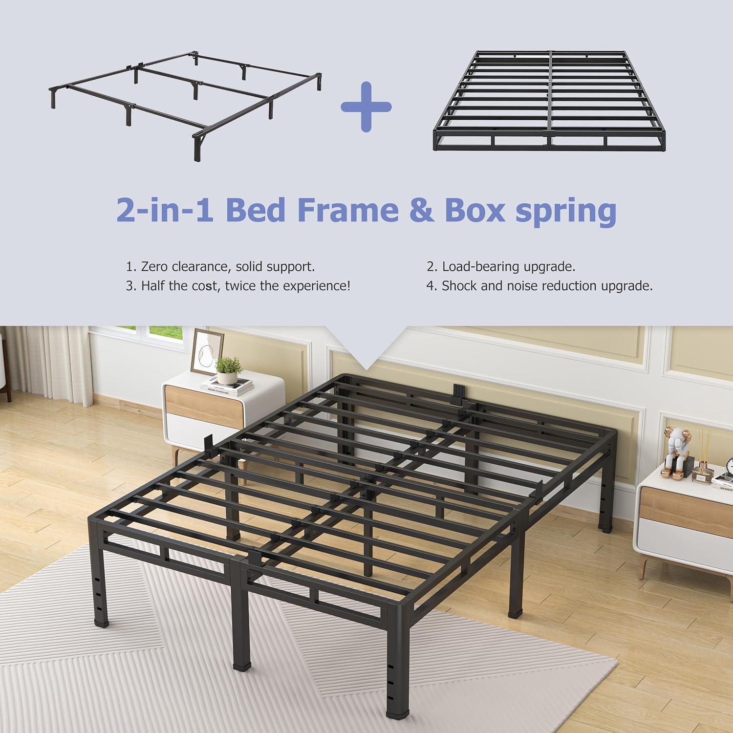 NKZ California King Size Bed Frame 24 Inch, Metal Bed Frame & Box Spring 2 in 1 Platform with Round Corner Legs, 4000Lbs Heavy Duty Tall Metal Frame, Headboard Hole, Noise-Free, Easy Assembly