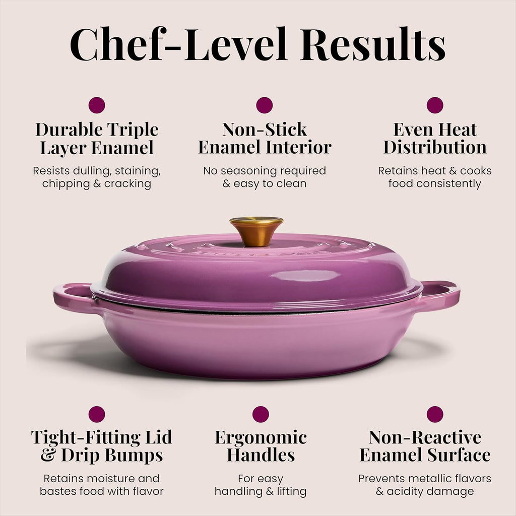 Chef Joe Sasto Enameled Cast Iron Braiser with Lid, for Slow Cooking, Roasting & Searing, Oven Safe, Induction Compatible, Easy-Clean Finish