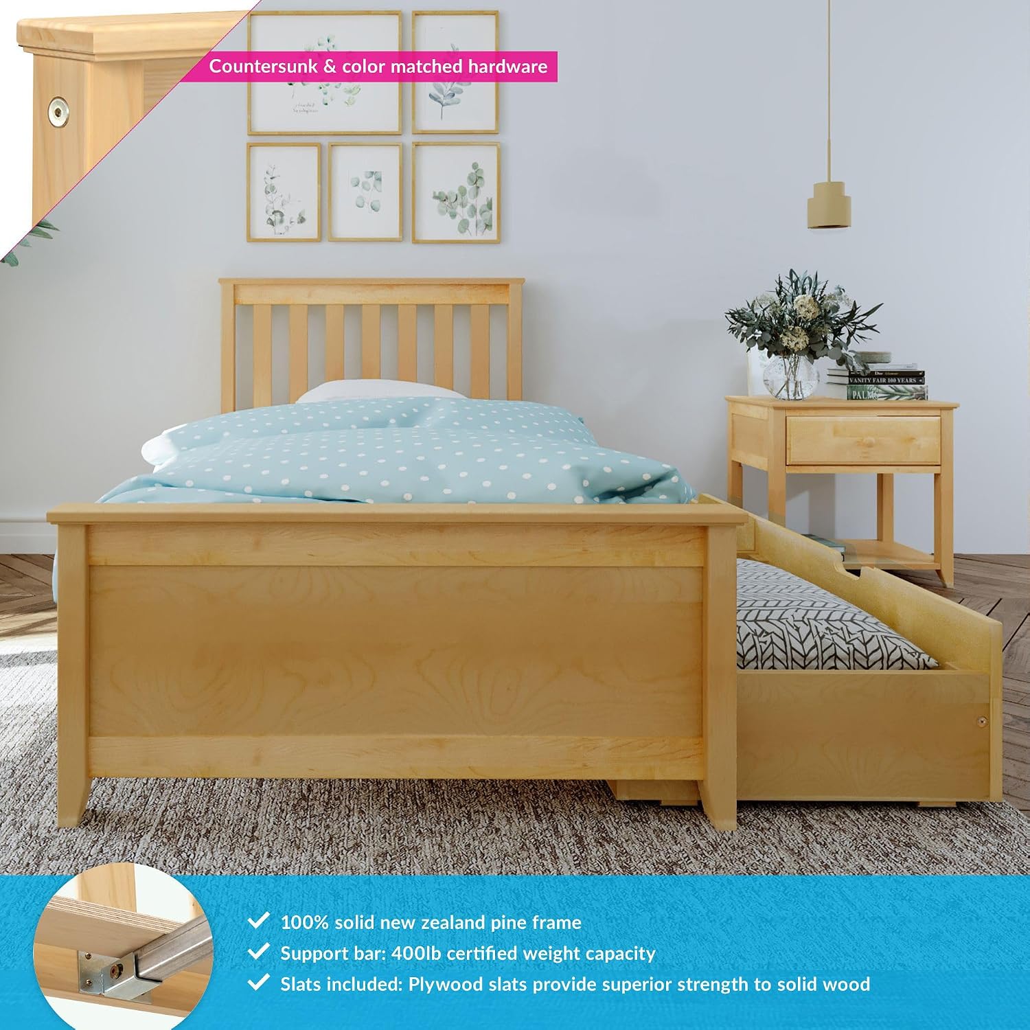 Max & Lily Classic Twin Bed, Slatted Headboard, with Storage Drawers, Natural