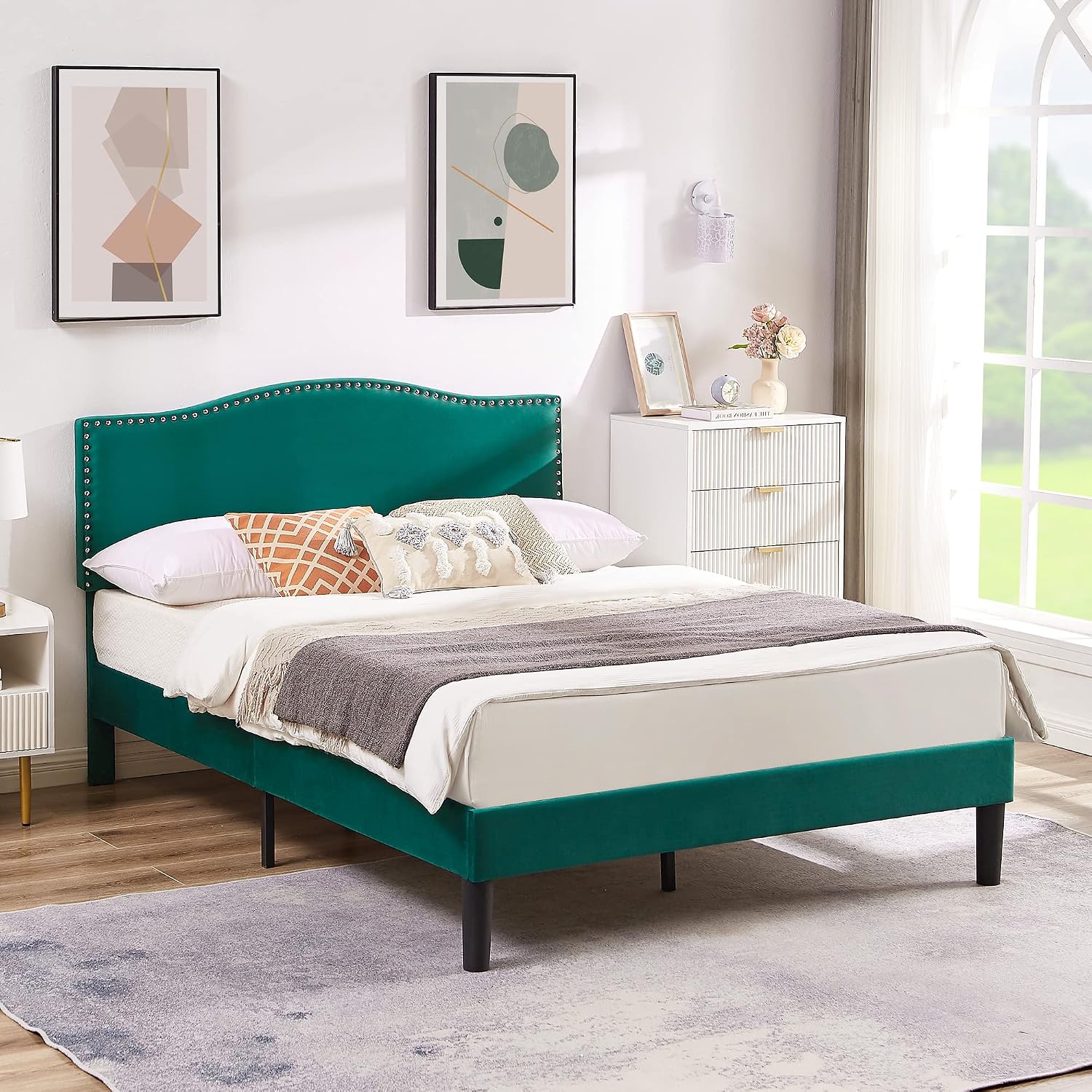 VECELO Queen Bed Frame, Platform Bed Frame with Adjustable Height Upholstered Headboard, Heavy-Duty Frames and Strong Wooden Slats Support, Non-Slip and Noise-Free, Easy Assembly, Dark Green