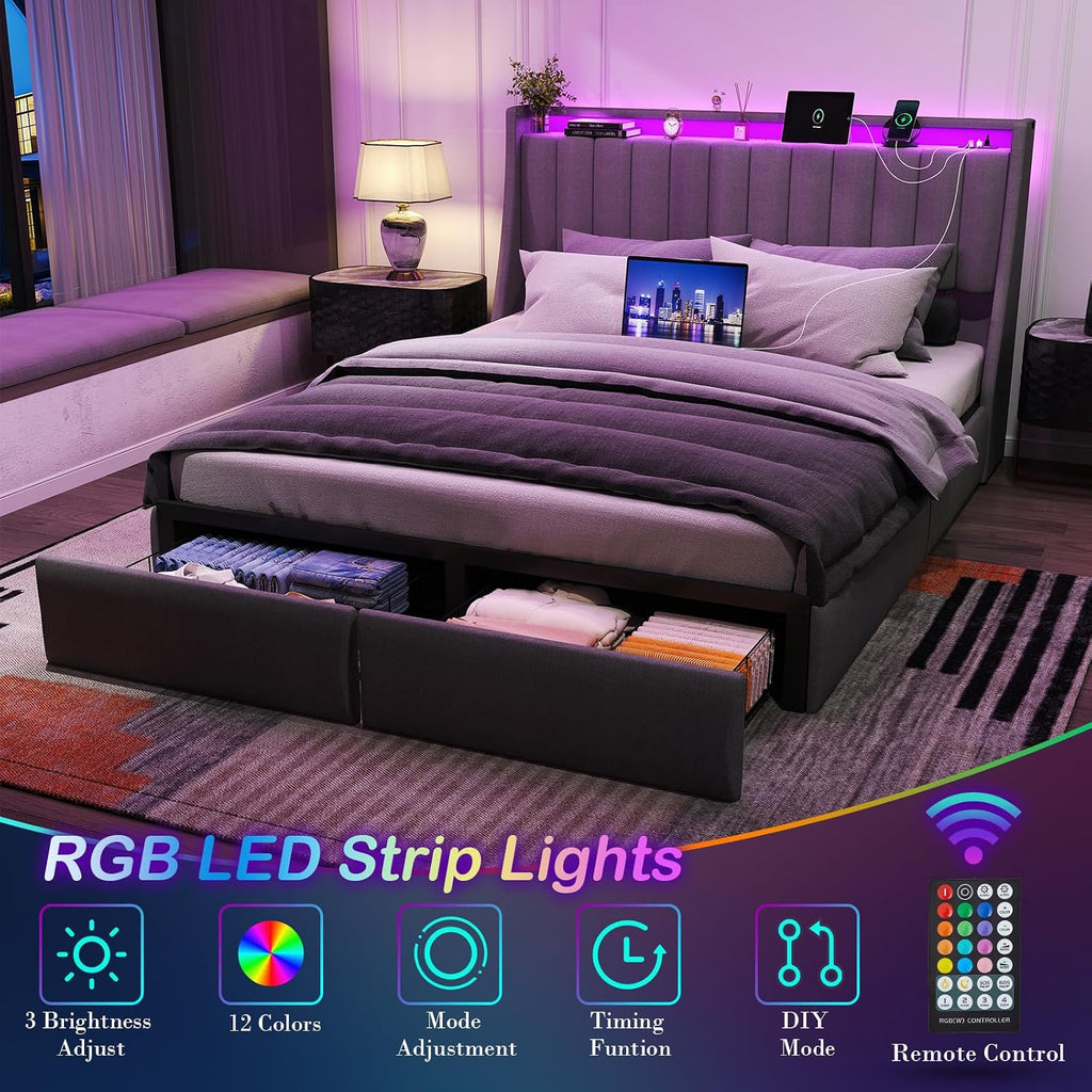 Queen Bed Frame with 2 Storage Drawers, Platform Bed Frame Queen Size with LED Light, Upholstered Headboard, Charging Station, Steel Slat Support, No Box Spring Needed, Noise-Free, Easy Assembly, Gray