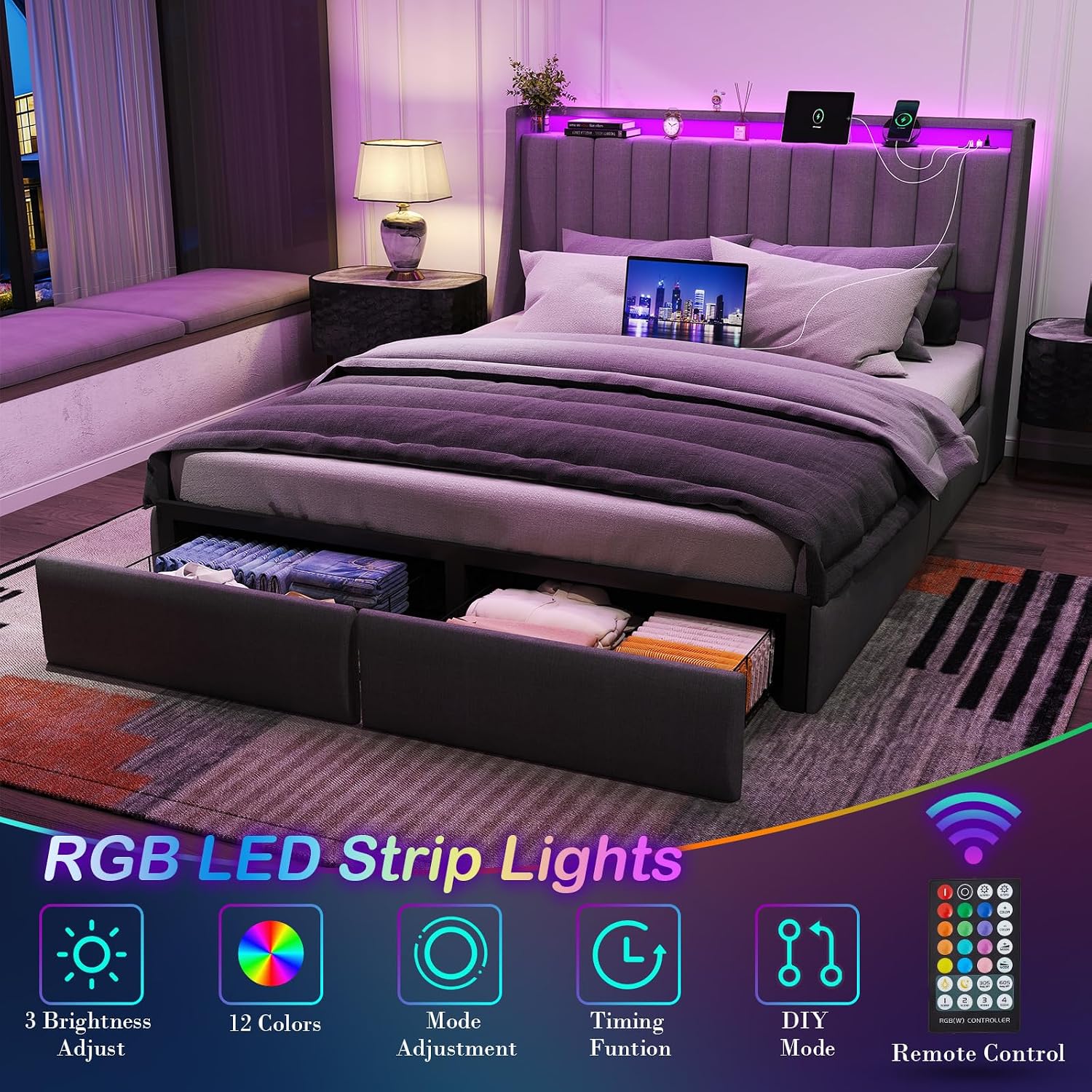 Queen Bed Frame with 2 Storage Drawers, Platform Bed Frame Queen Size with LED Light, Upholstered Headboard, Charging Station, Steel Slat Support, No Box Spring Needed, Noise-Free, Easy Assembly, Gray