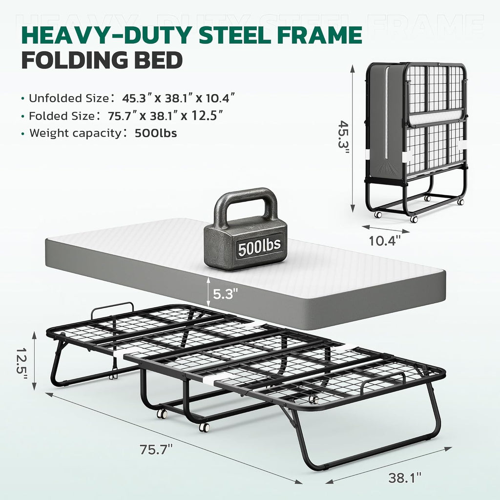 Greenvelly Folding Bed with 5 Inch Mattress, 75' x 38' Portable Rollaway Bed with Memory Mattress and Metal Frame for Adults,Guest, Twin Size,Cot Size