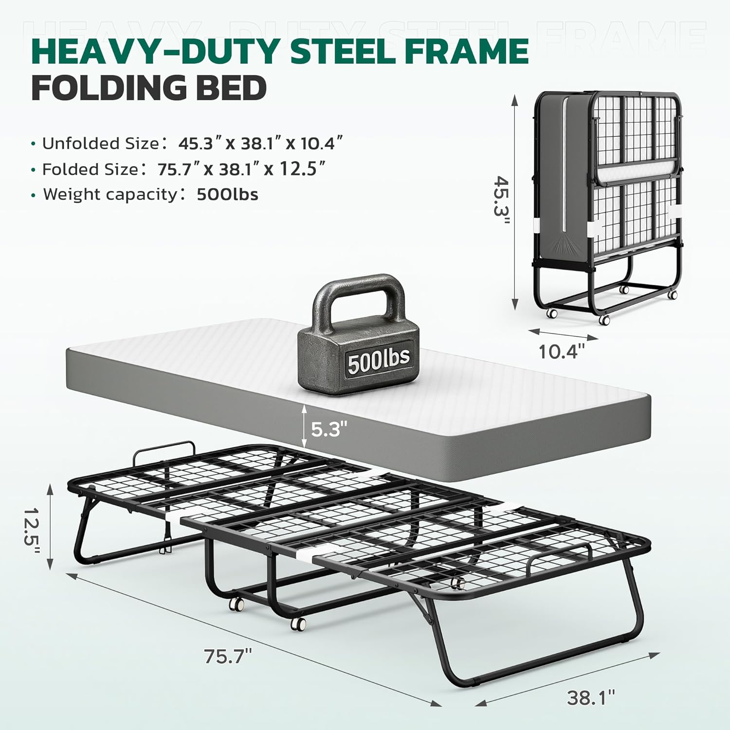Greenvelly Folding Bed with 5 Inch Mattress, 75' x 38' Portable Rollaway Bed with Memory Mattress and Metal Frame for Adults,Guest, Twin Size,Cot Size