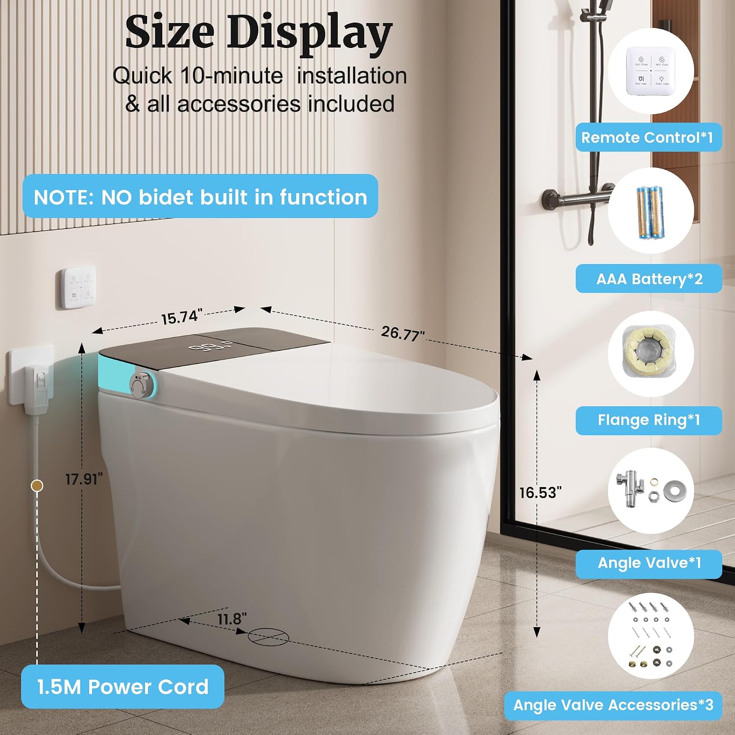 Smart Toilet with Elongated Heated Seat, Foot Sensor, Dual Auto Flush, One Piece Toilet for Bathroom, Electric Tankless Toilets with Night Light, LED Display & 1000g MaP Flush, 0.8/1.2 GPF