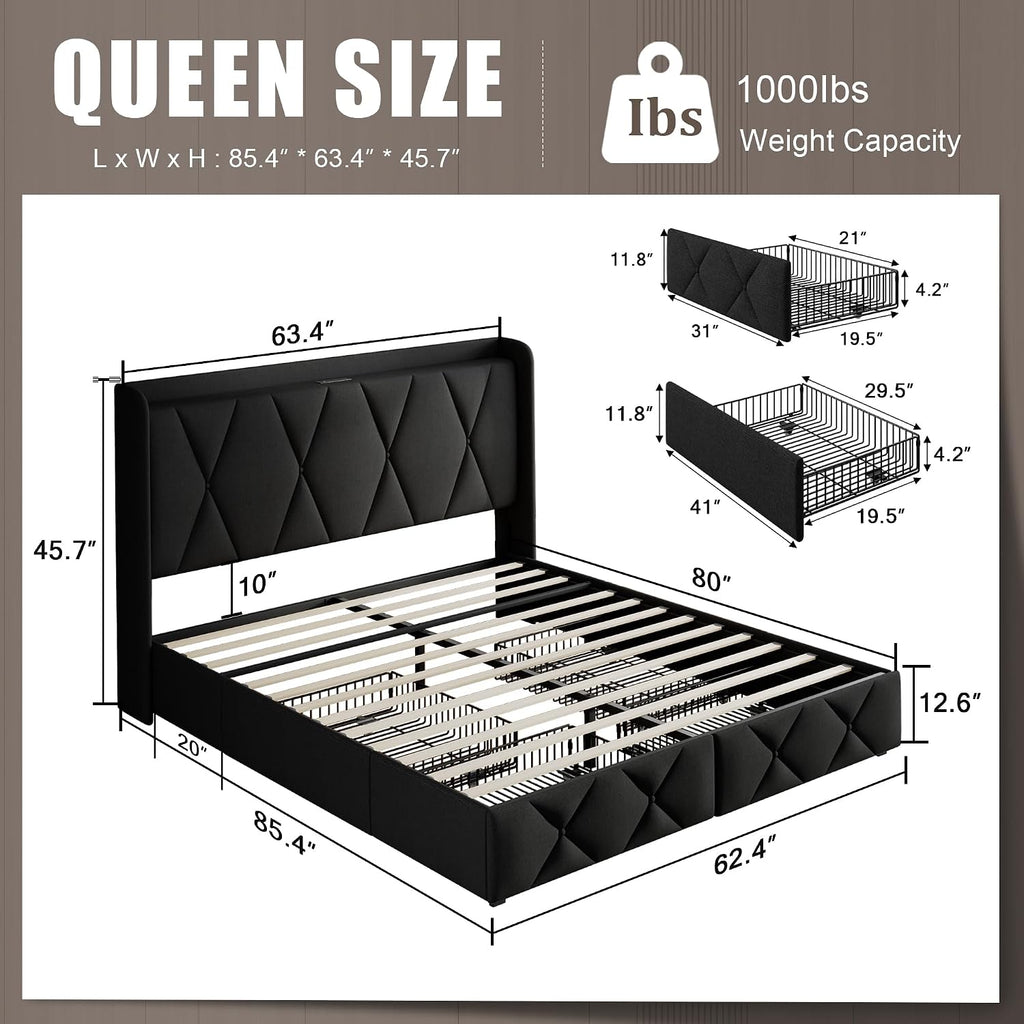 Einhomn Queen Bed Frame with 4 Storage Drawers and Charging Station, Upholstered Platform Bed Frame with Storage Headboard, No Box Spring Needed, Easy Assembly, Black