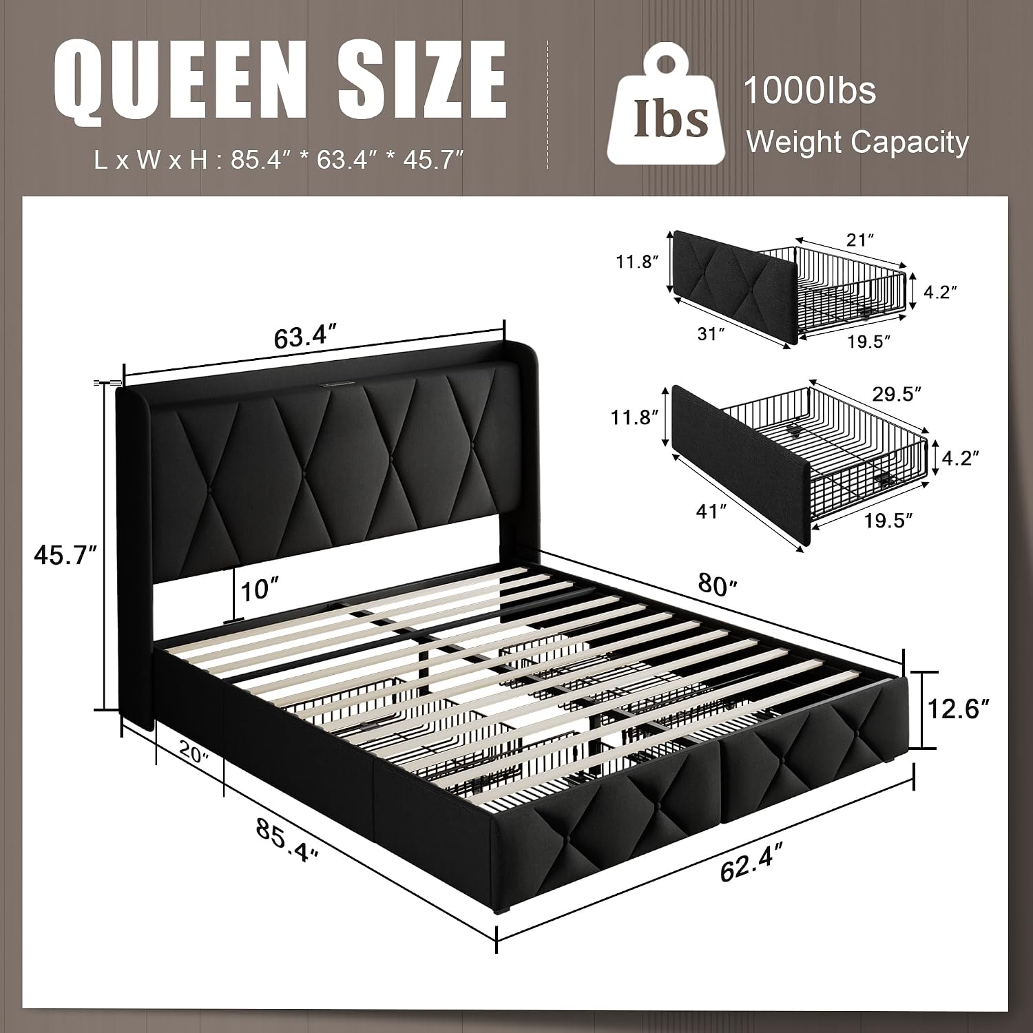 Einhomn Queen Bed Frame with 4 Storage Drawers and Charging Station, Upholstered Platform Bed Frame with Storage Headboard, No Box Spring Needed, Easy Assembly, Black