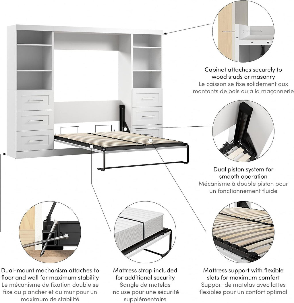 Bestar Pur Full Murphy Bed and 2 Shelving Units with Drawers, 109-inch Space-Saving Sleeping Arrangement in White