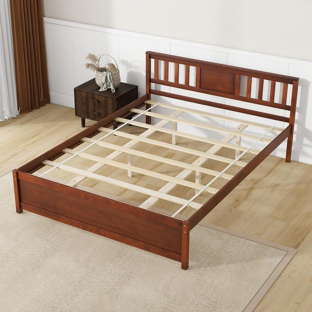 Giantex Queen Size Solid Wood Platform Bed Frame, Mid Century Queen Bed Frame with Headboard, Wood Slat Support, Panel Bed, No Box Spring Needed, Easy Assembly, Walnut