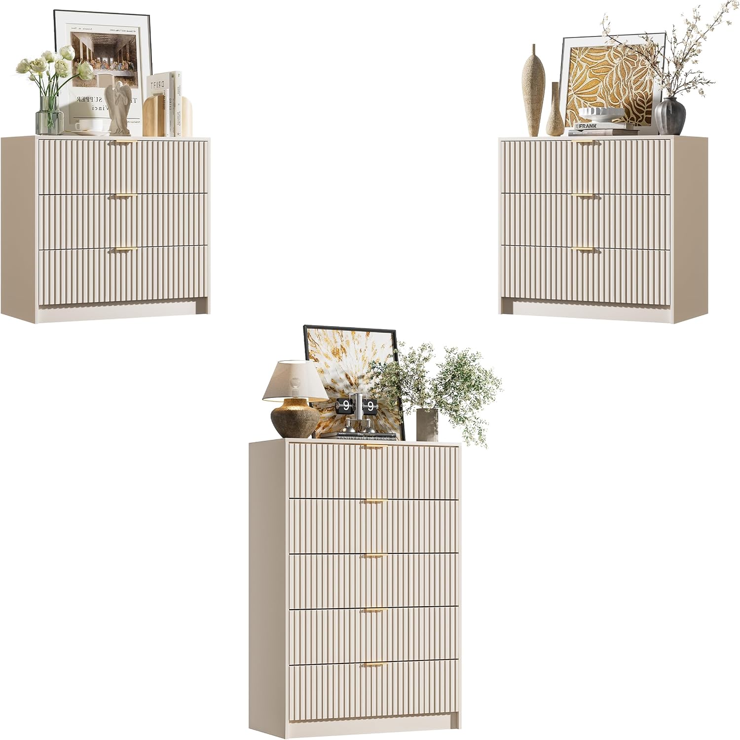 Furniway Beige Dresser Bedroom Set 3 Pieces, Nightstands Sets of 2, 5 Drawer Dresser with Gold Handles for Bedroom