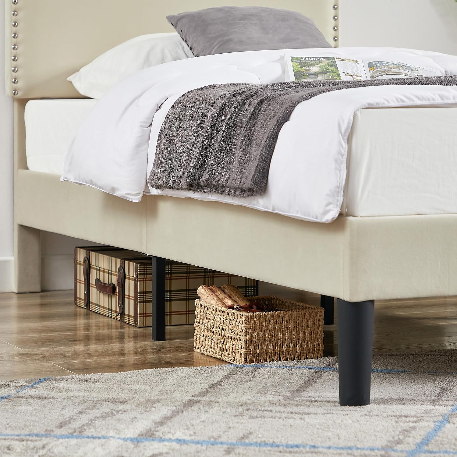 VECELO Twin Bed Frame Platform Bed Frame with Upholstered Headboard, Strong Frame and Wooden Slats Support, Strong Weight Capacity, Non-Slip and Noise-Free, Easy Assembly,Beige