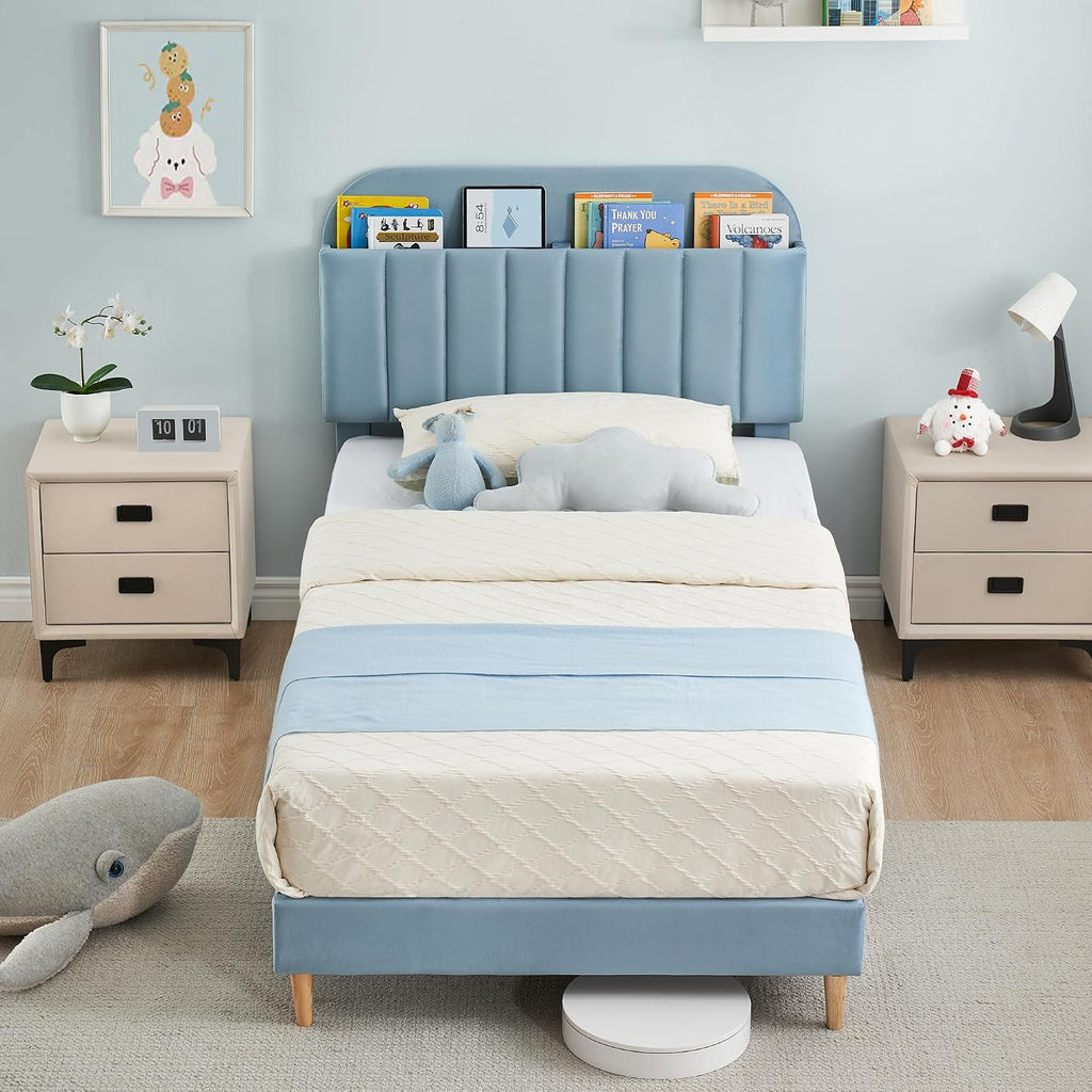 GarveeHome Twin Bed Frame with Storage Headboard, Velvet Upholstered Platform Bedframe for Kids, Boy Bed, Strong Wooden Slats, Noise-Free, Easy Assembly, No Box Spring Needed, Blue