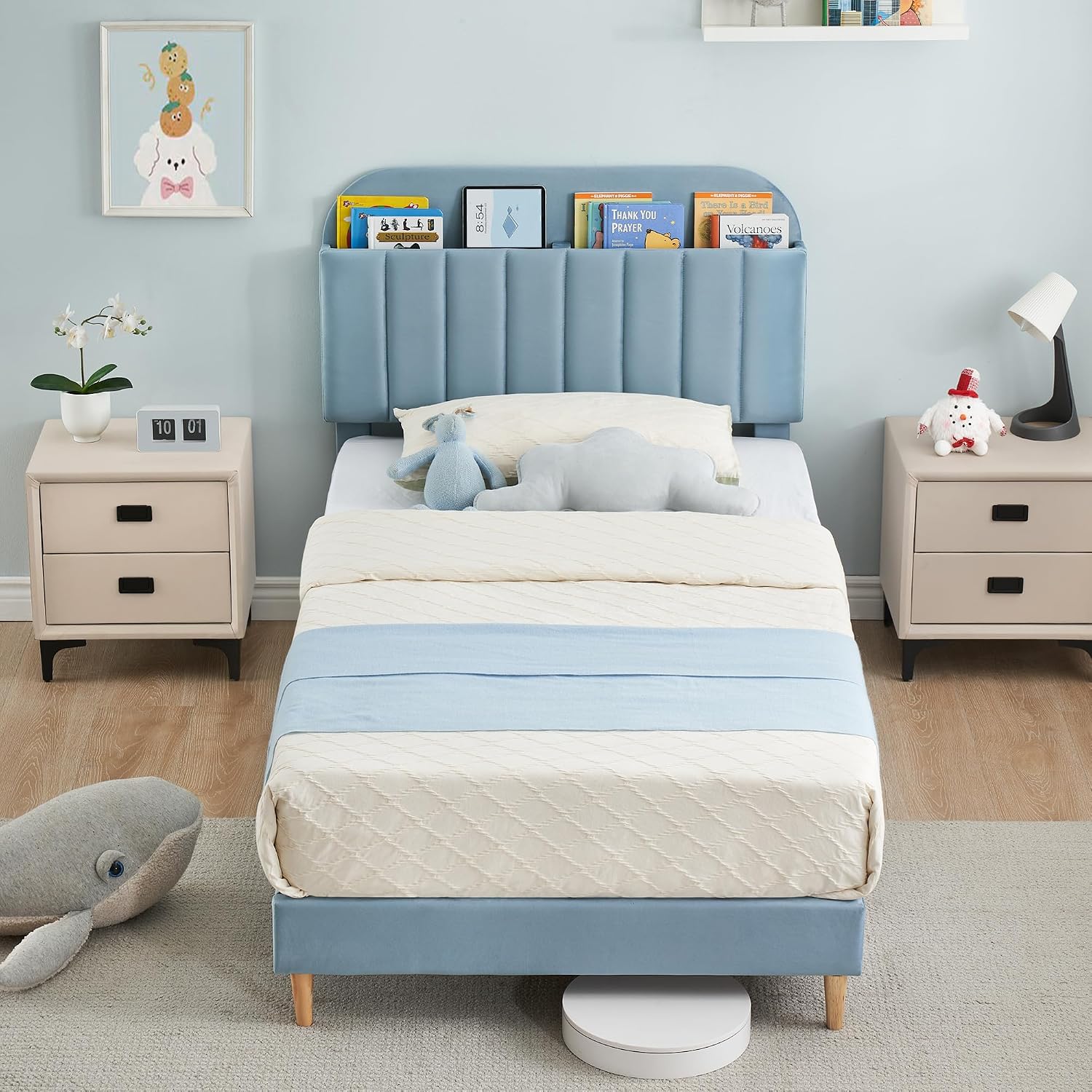 GarveeHome Twin Bed Frame with Storage Headboard, Velvet Upholstered Platform Bedframe for Kids, Boy Bed, Strong Wooden Slats, Noise-Free, Easy Assembly, No Box Spring Needed, Blue