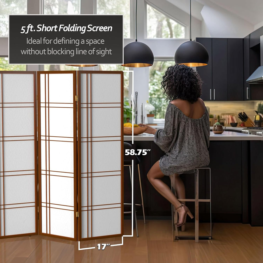 Red Lantern 5 ft. Tall Double Cross Shoji Screen - Walnut - 3 Panels
