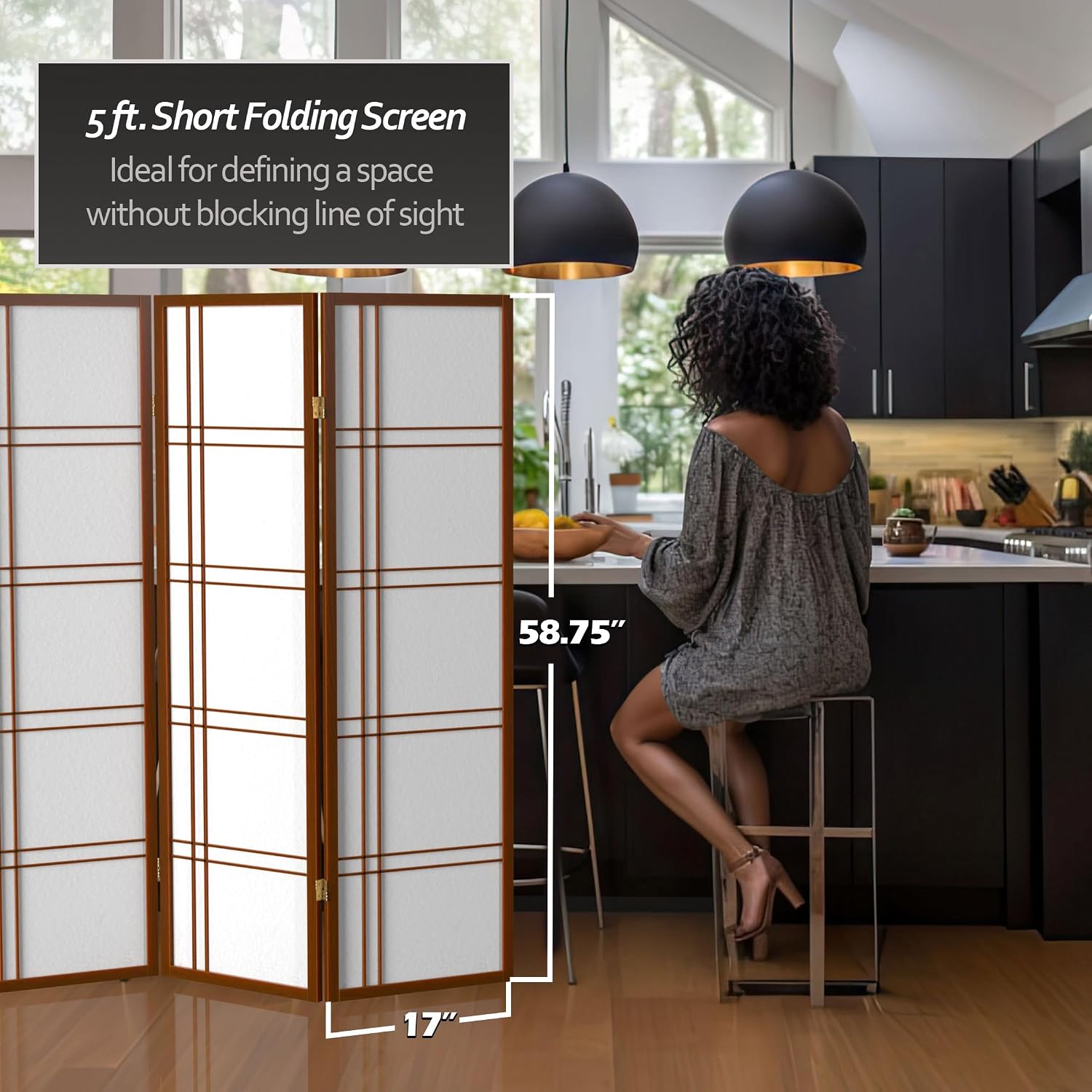 Red Lantern 5 ft. Tall Double Cross Shoji Screen - Walnut - 3 Panels