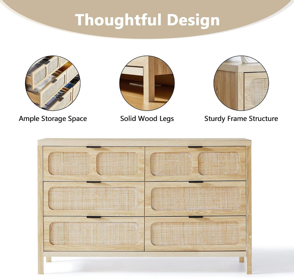 6 Drawer Dresser, Modern Rattan Dresser Chest with Wide Drawers and Metal Handles, Farmhouse Wood Storage Chest of Drawers for Bedroom, Living Room, Hallway, Entryway (Natural-6 Drawers)