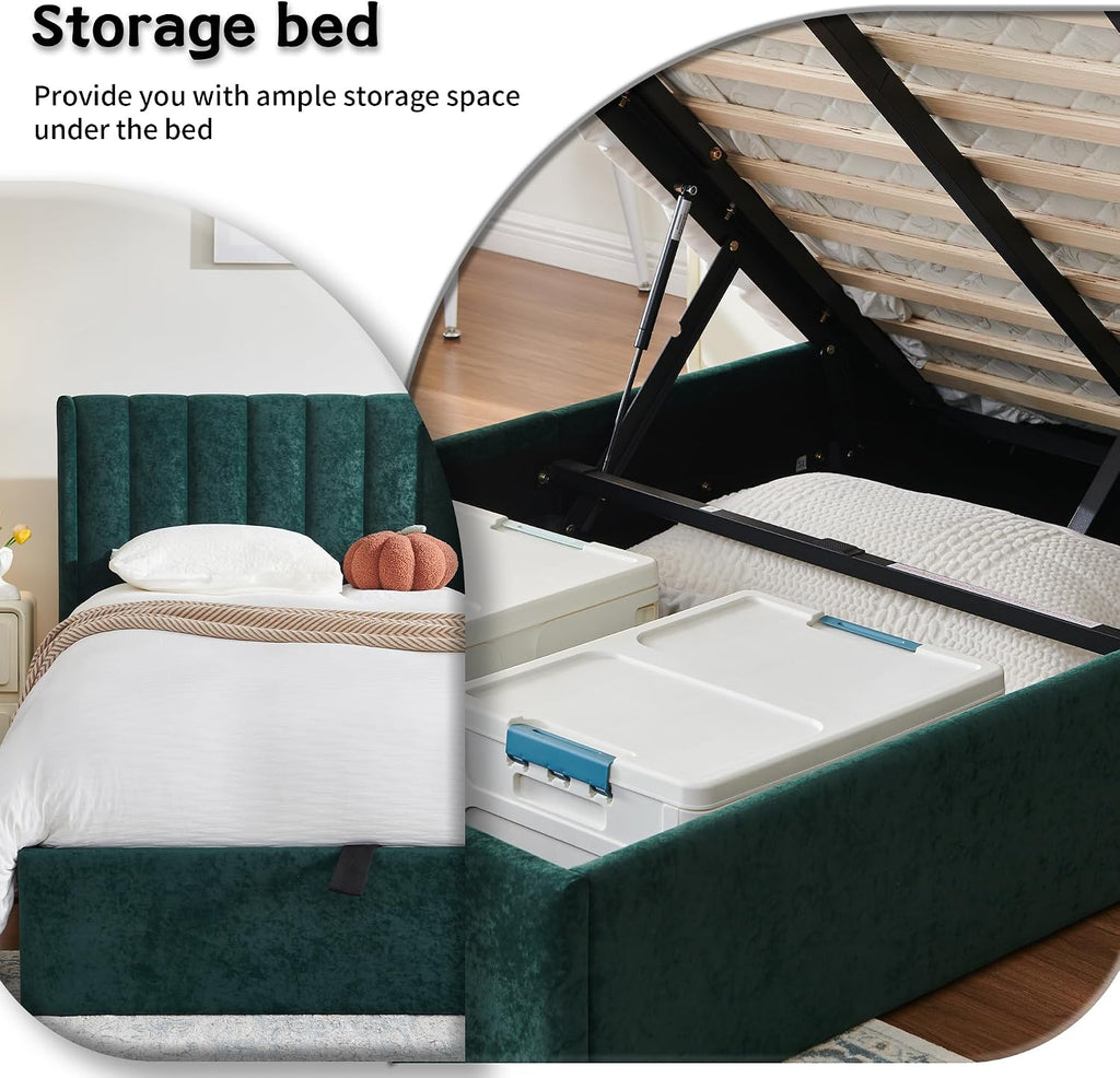 YUHUASHI Queen Size Hydraulic Storage Bed, Upholstered Platform Bed Frame, Modern Wingback Design Headboard, Velvet Fabric with Hydraulic Support Bars, No Box Spring Required (Ink Green, Twin)