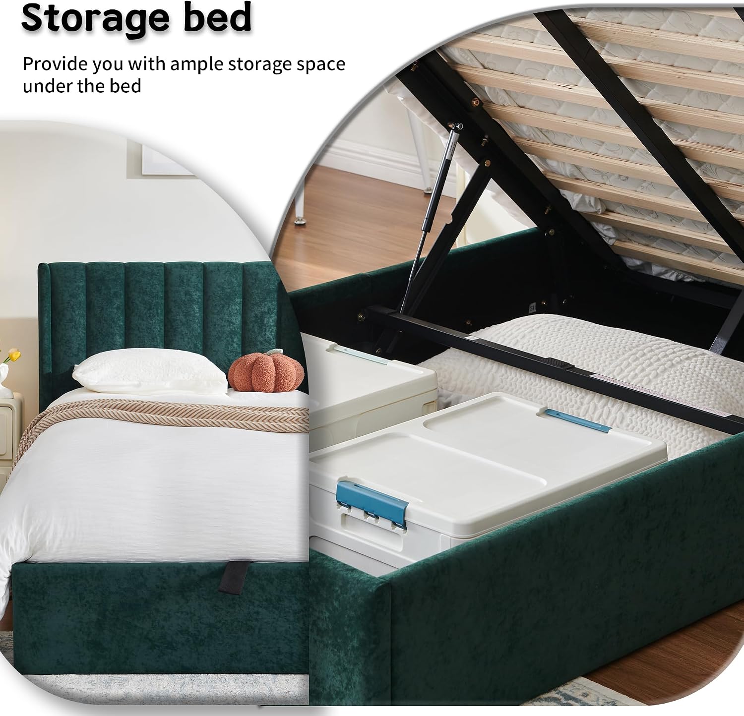YUHUASHI Queen Size Hydraulic Storage Bed, Upholstered Platform Bed Frame, Modern Wingback Design Headboard, Velvet Fabric with Hydraulic Support Bars, No Box Spring Required (Ink Green, Twin)