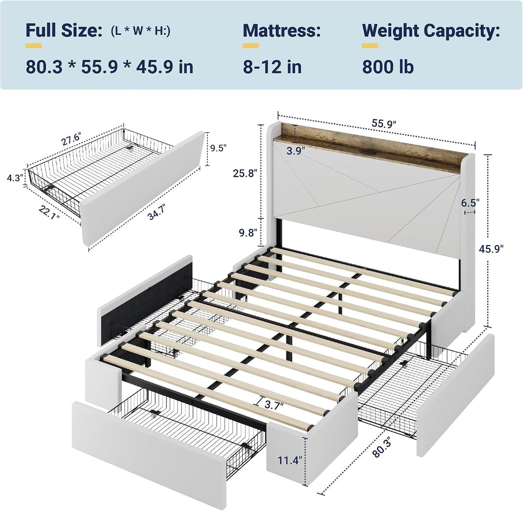 Allewie Full Size Velvet Bed Frame with 3 Storage Drawers, Upholstered Platform Bed with Wingback Storage Headboard and USB Ports, No Box Spring Needed, Easy Assembly, White