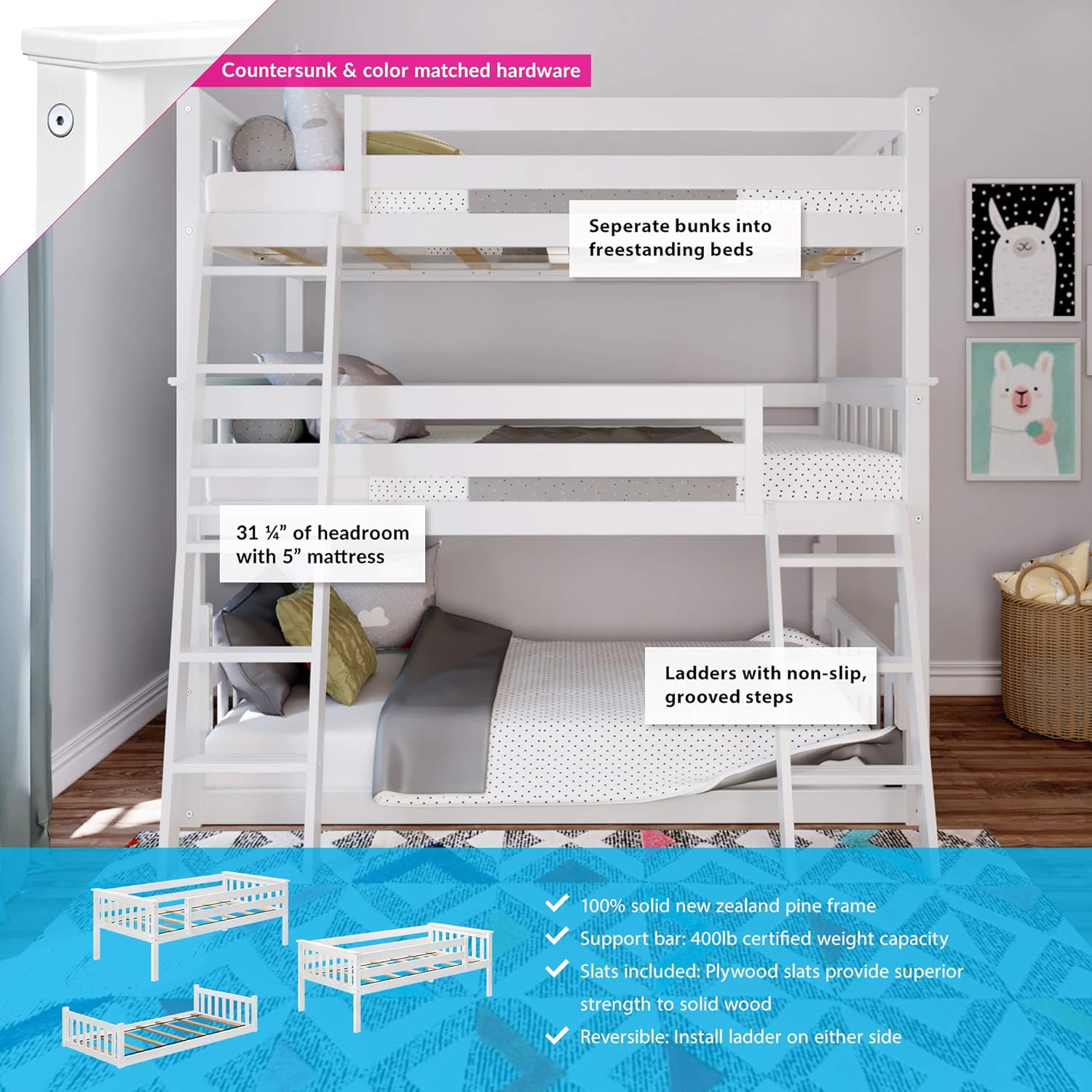Max & Lily Triple Twin Bunk Bed, Solid Wood Bed Frame For Kids, No Box Spring Needed, Easy Assembly, White