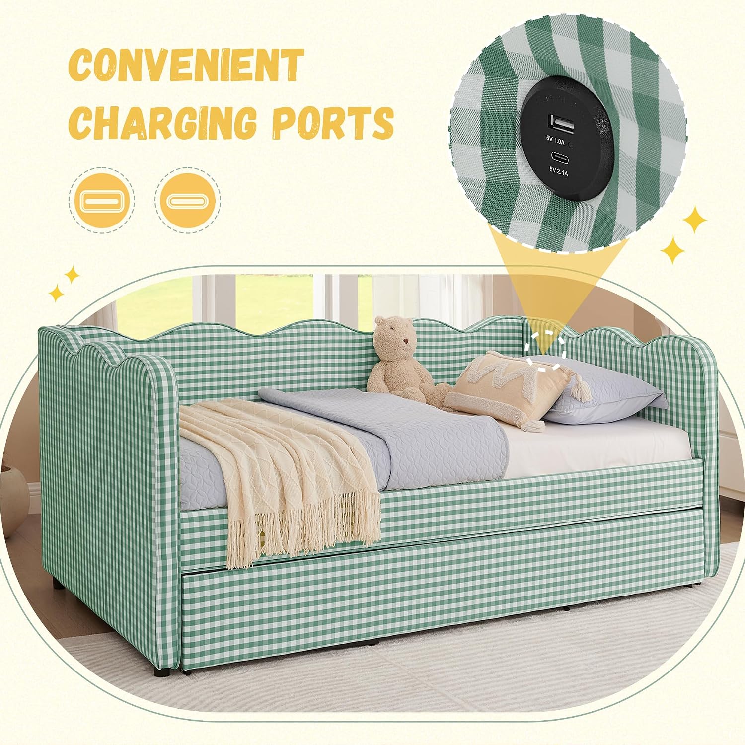 DEINPPA Twin Size Upholstered Daybed with Trundle, Gingham Daybed with USB Ports for Bedroom Living Room Guest Room-Cyan