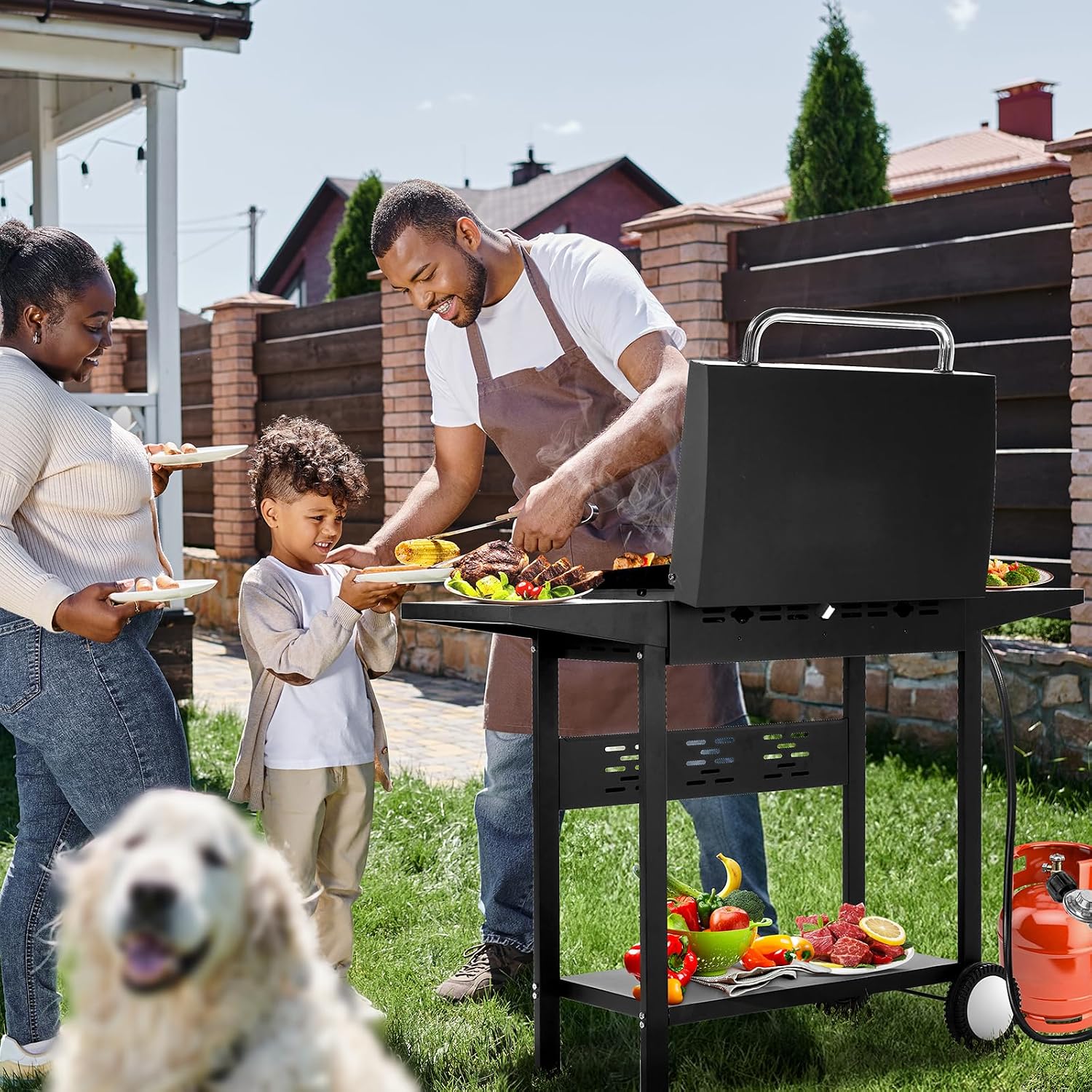 3 Burner Gas Griddle Cooking Station Cart with Side Shelves and Spice Rack, 30,000 BTU Propane Griddle, Non Stick Ceramic Coated Flat Top Portable Grill for Outdoor Barbecue and Backyard Cookout Black