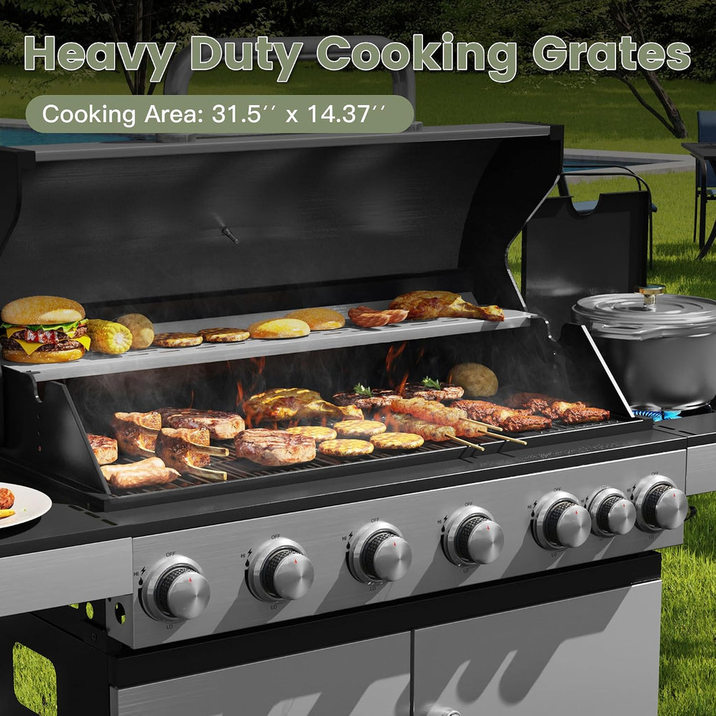 6 Burners Propane Gas Grill with Side Burner, Stainless Steel BBQ Grill with Porcelain-Enameled Cast Iron Grates, 65,500 BTU Outdoor Patio Barbeque Grill for Party, Camping, Backyard