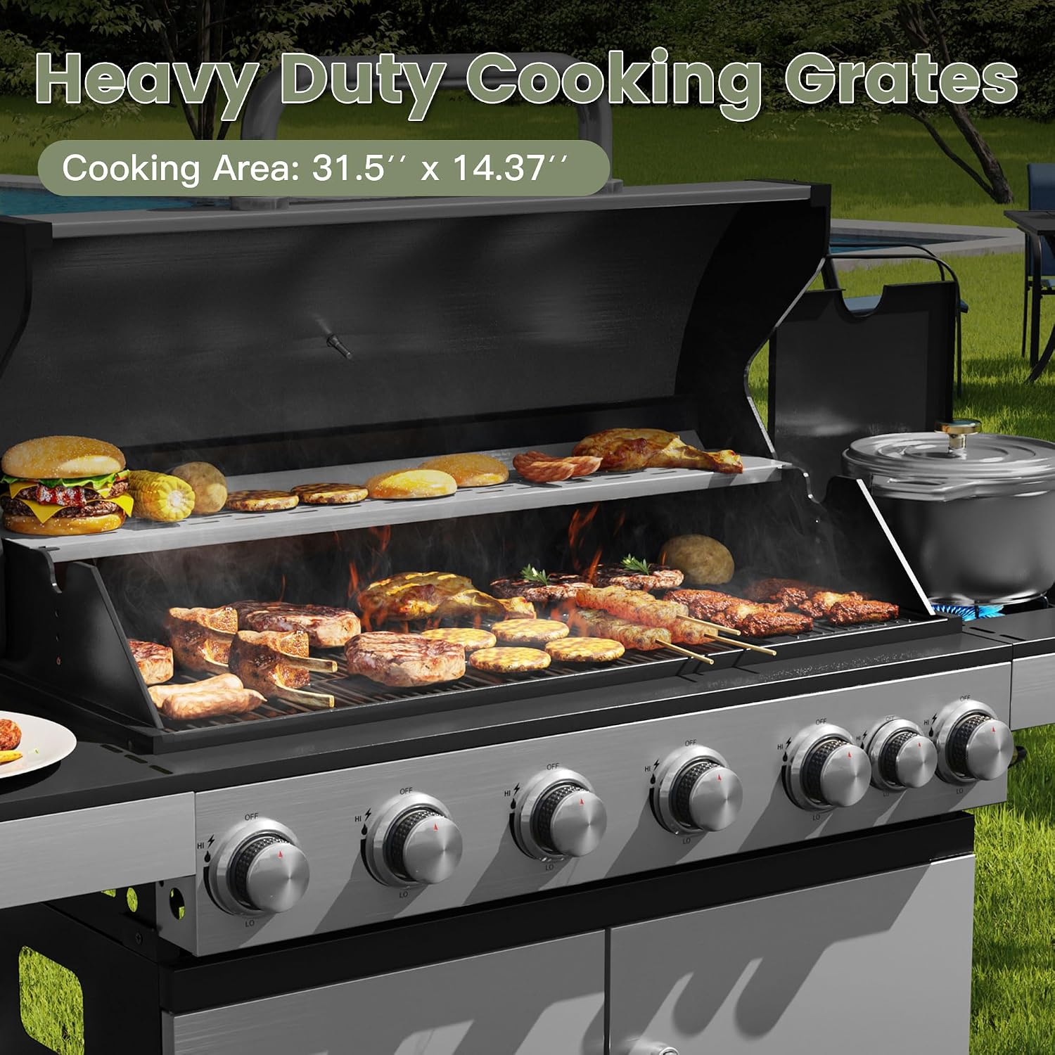 6 Burners Propane Gas Grill with Side Burner, Stainless Steel BBQ Grill with Porcelain-Enameled Cast Iron Grates, 65,500 BTU Outdoor Patio Barbeque Grill for Party, Camping, Backyard