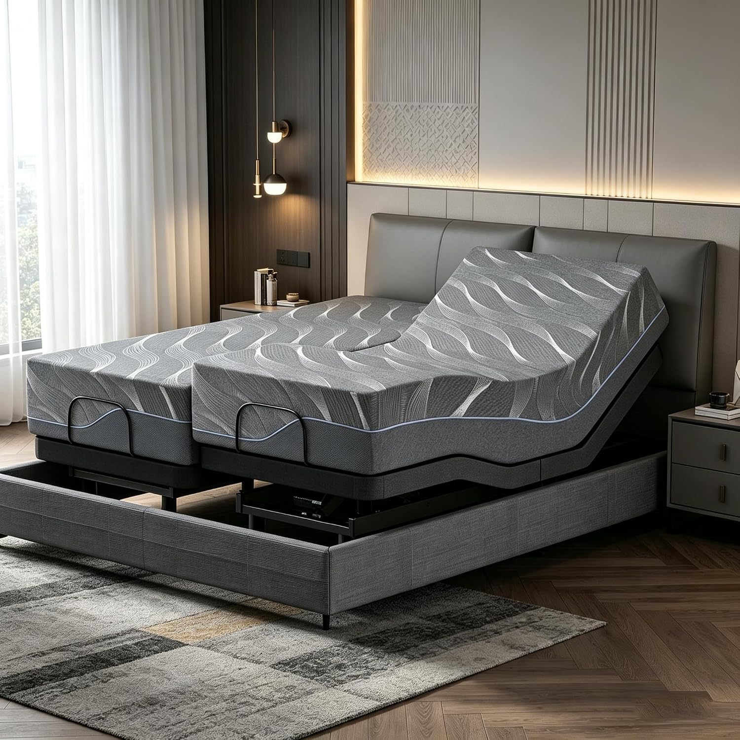 Twin XL Adjustable Bed Frame with Massage,12 Inch Cooling Gel Memory Foam Medium Firm Mattress in Box, Voice control, Head /Foot Incline, Adjustable legs, Anti-Snore/0 Gravity, Thickened Foam Frame