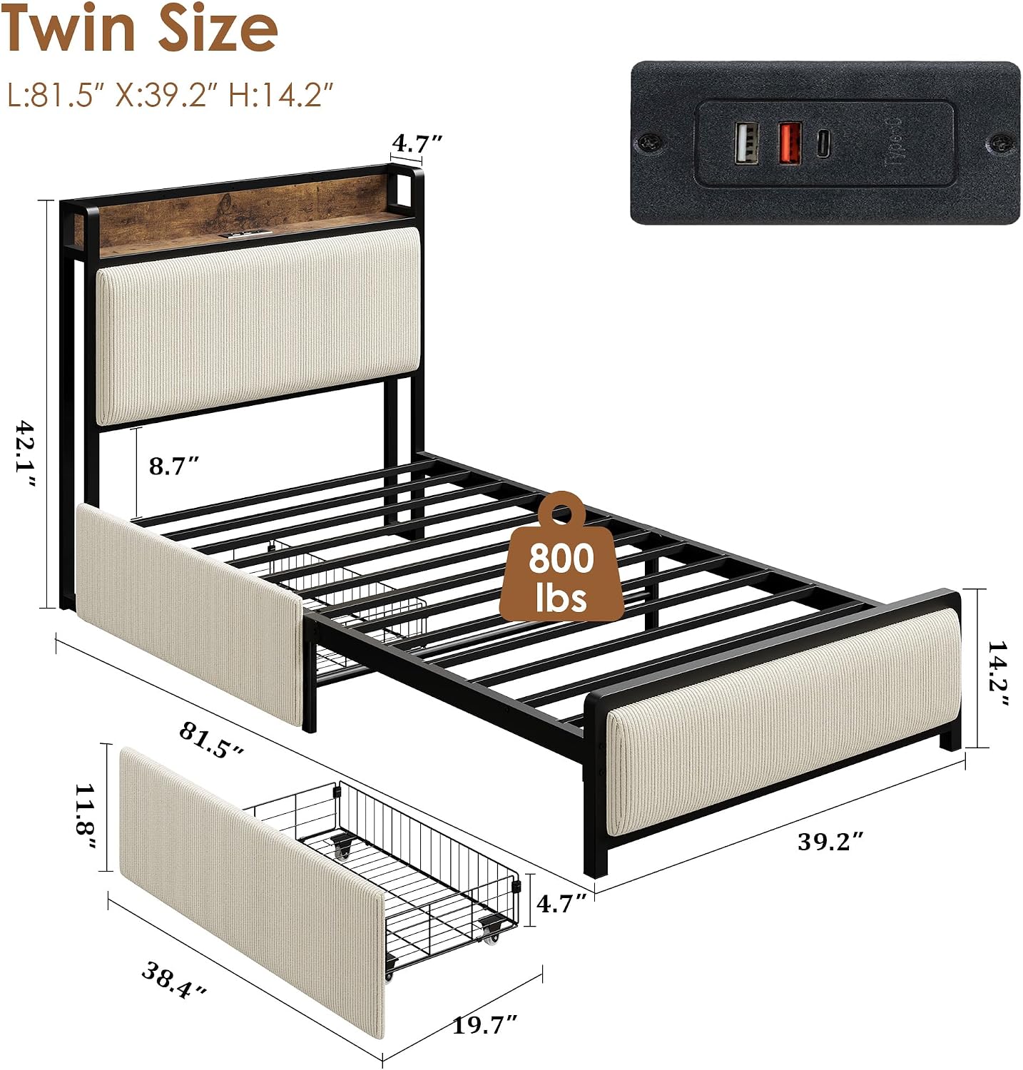 GAOMON Twin Size Bed Frame with 2 Storage Drawers and Charging Station, Rustic Velvet Upholstered Platform Bedframe with Storage Headboard, No Box Spring Needed, Easy Assembly, Noise Free, Beige
