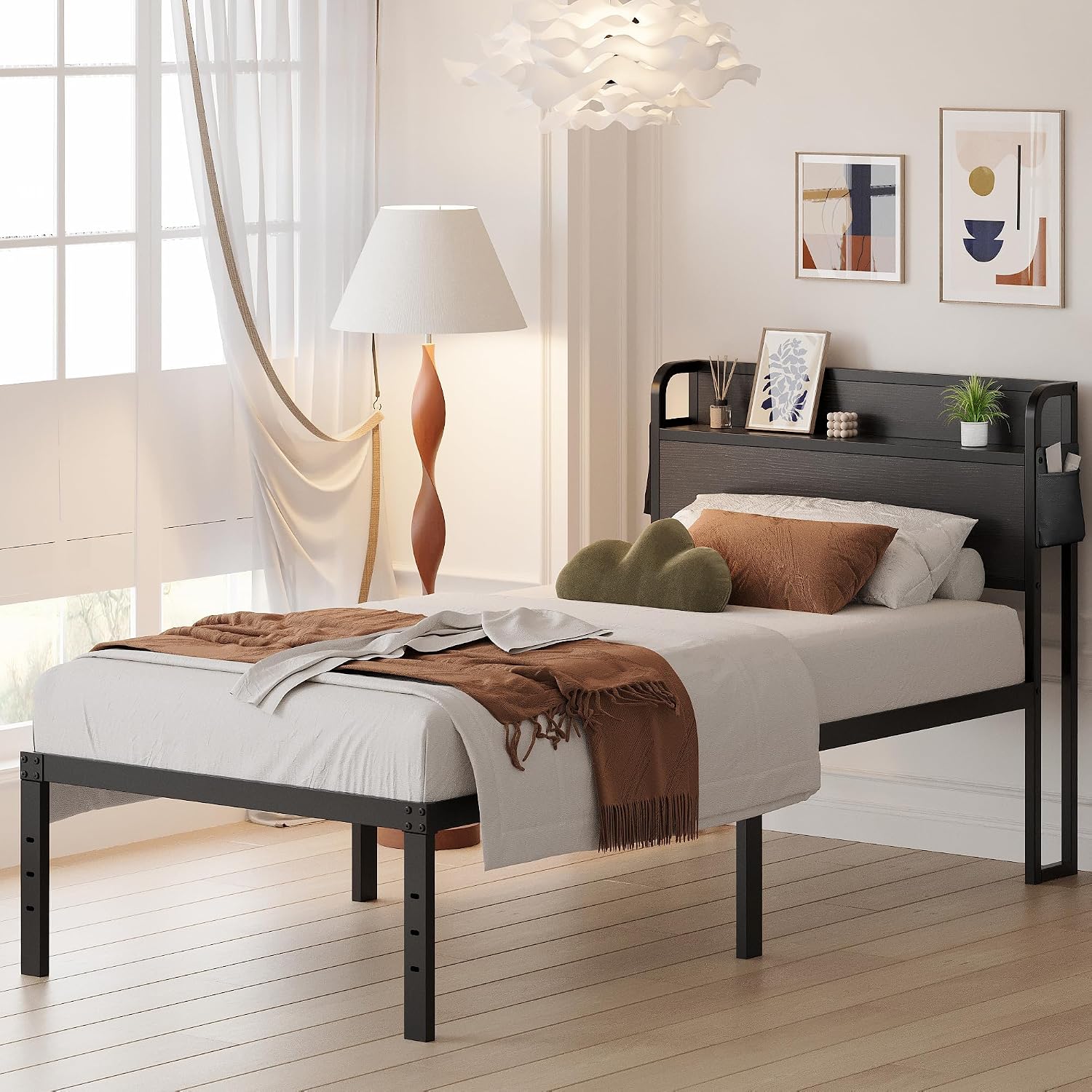 Maenizi 16 Inch Twin XL Bed Frames with Headboard, Metal Bed Frame Twin XL Storage Wood Headboard No Box Spring Needed, Noise Free, Black