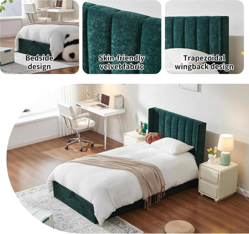 YUHUASHI Queen Size Hydraulic Storage Bed, Upholstered Platform Bed Frame, Modern Wingback Design Headboard, Velvet Fabric with Hydraulic Support Bars, No Box Spring Required (Ink Green, Twin)