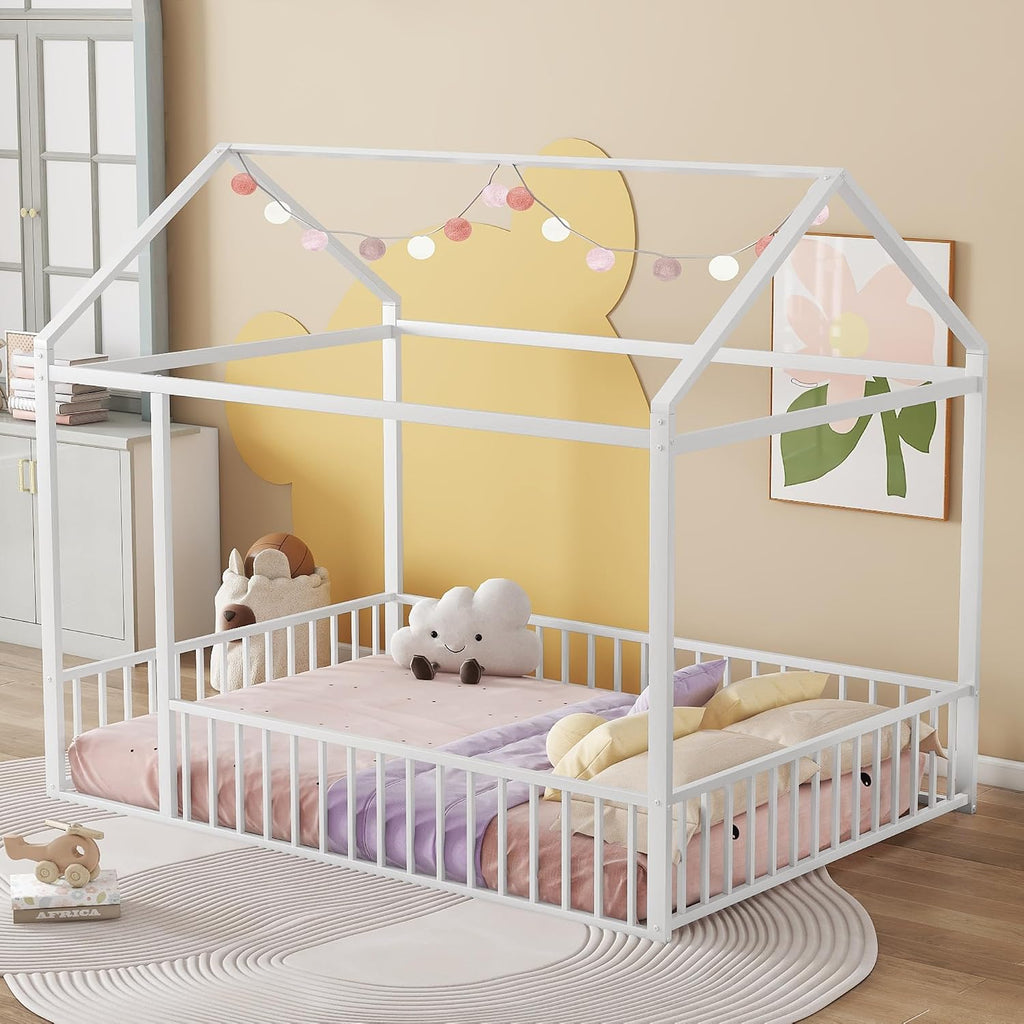 Bellemave Full Floor Bed Frame, Metal Montessori Floor Bed Full with Fence for Boys Girls Bedroom Playhouse for Kids No Slat, Easy Assembly House Shaped Floor Beds White