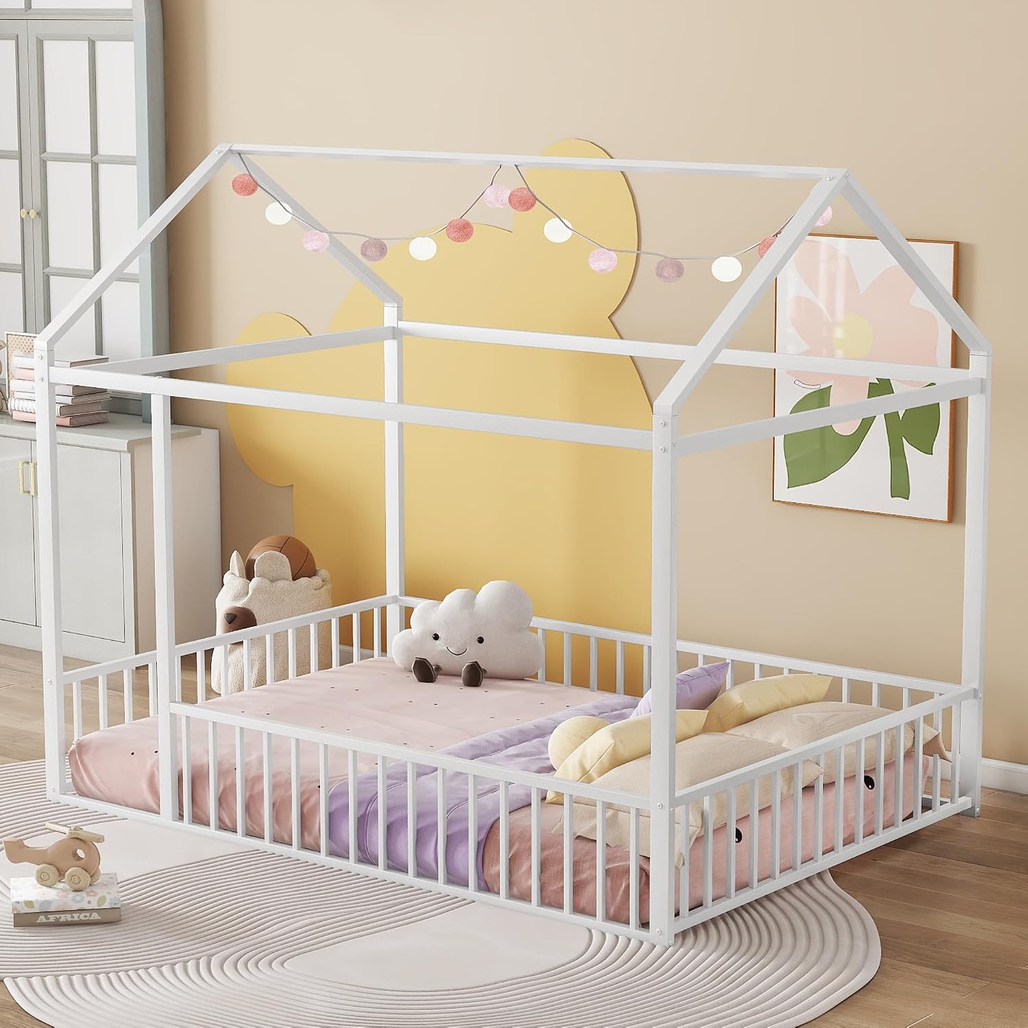 Bellemave Full Floor Bed Frame, Metal Montessori Floor Bed Full with Fence for Boys Girls Bedroom Playhouse for Kids No Slat, Easy Assembly House Shaped Floor Beds White