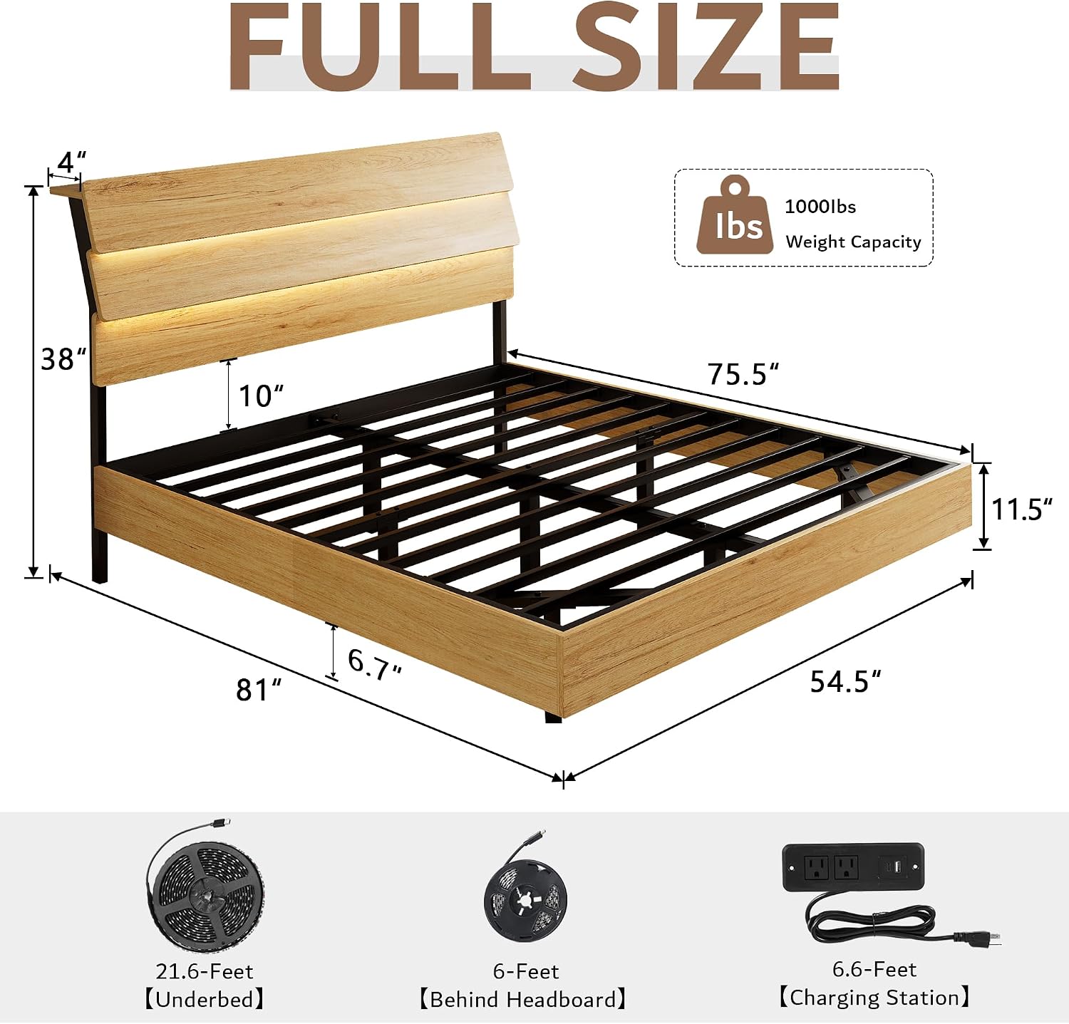 iPormis Floating Full Size Metal Bed Frame with LED Lights & Charging Station, Platform Bed with Wooden Storage Headboard, Sturdy Steel Slats, No Box Spring Needed, Easy Assembly, Noise-Free, Oak