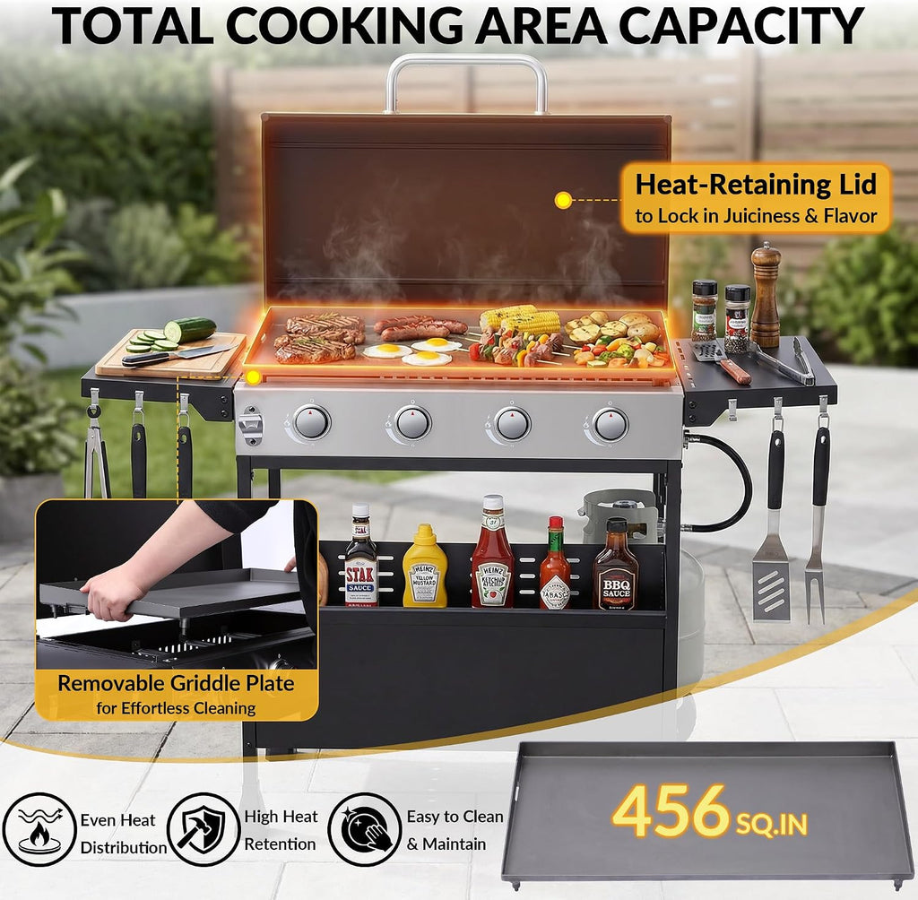 MAGIC UNION 4-Burner Heavy Duty Rolling Flat Top Propane Gas Griddle, Portable Griddle on Cart with Hood & Foldable Side Shelves, 32000 BTU 455 sq.in, for Outdoor Cooking, Camping & Tailgating