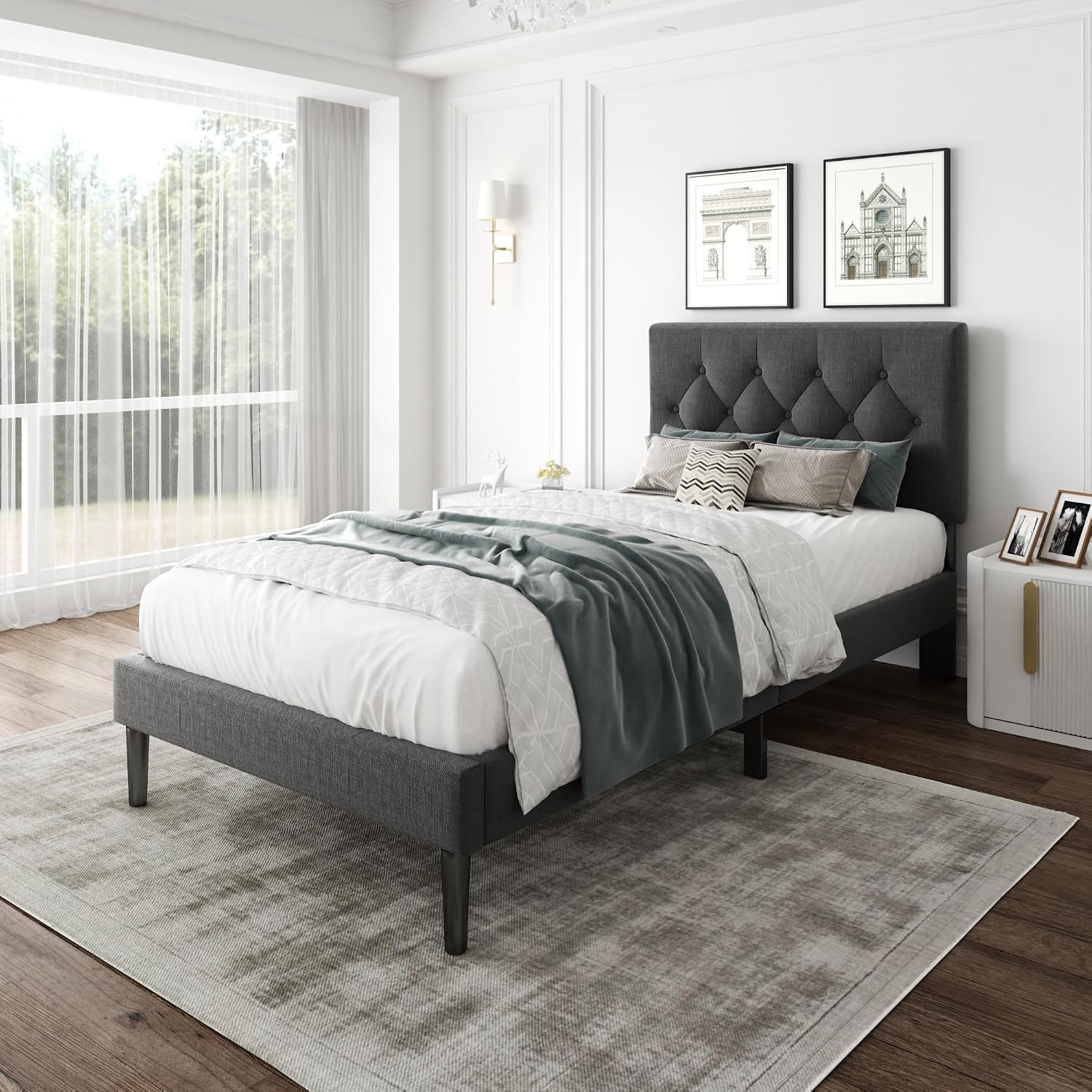 CXVX Twin Size Platform Bed Frame with Upholstered Headboard, Button Tufted Design, Strong Wooden Slats, No Box Spring Needed, Easy Assembly, Noise Free