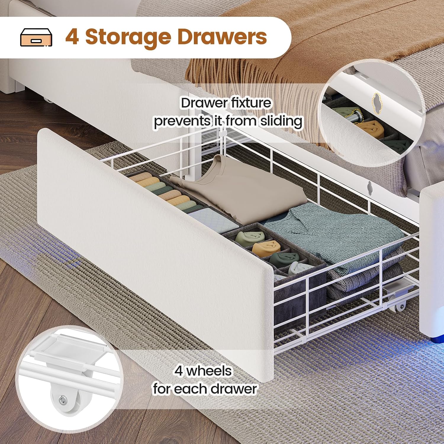 BTHFST Full Size Bed Frame with 4 Drawers & Storage Headboard, LED Bed Frame Full with Charging Station, Velvet Upholstered Bed with Metal Slats, No Box Spring Needed, Creamy White