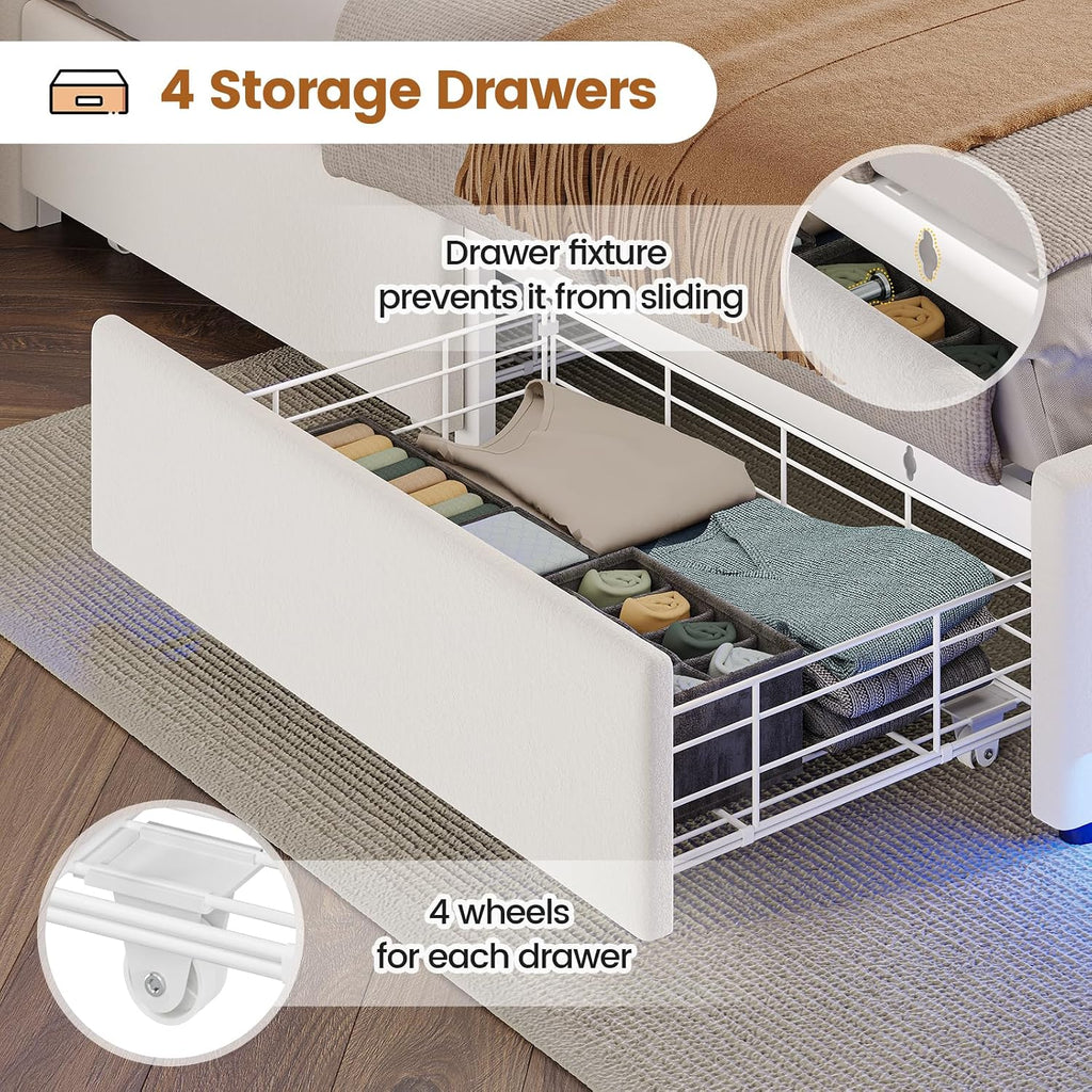 BTHFST Queen Bed Frame with 4 Drawers & Storage Headboard, LED Bed Frame Queen Size with Charging Station,Velvet Upholstered Bed with Metal Slats, No Box Spring Needed,Creamy White