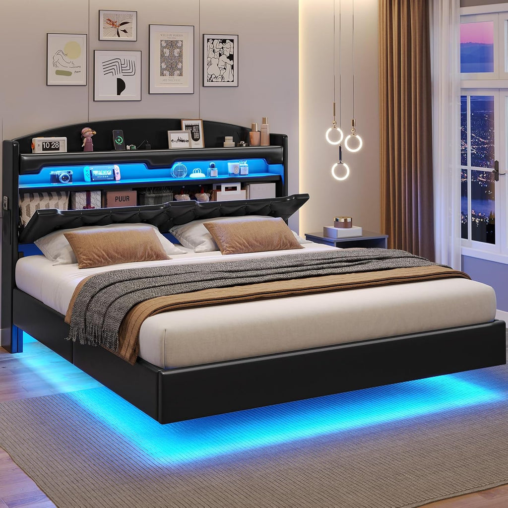 BTHFST Floating Bed Frame Full Size with Type-C Charging Station & Storage Headboard, RGB Floating Platform Bed, No Box Spring Needed, Wooden Slats Support, PU Black