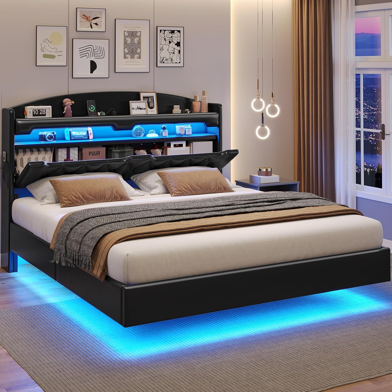 BTHFST Floating Bed Frame Full Size with Type-C Charging Station & Storage Headboard, RGB Floating Platform Bed, No Box Spring Needed, Wooden Slats Support, PU Black
