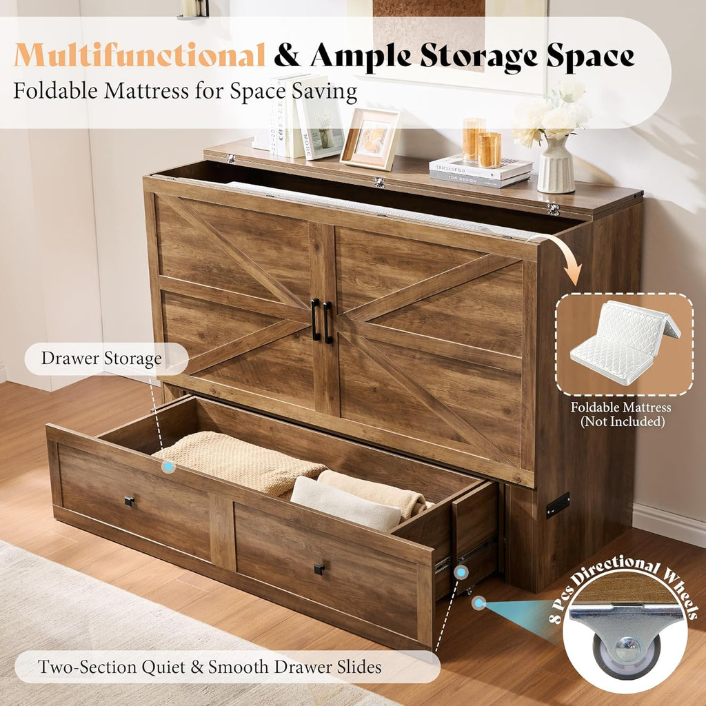 AMERLIFE Full Murphy Bed Cabinet with Charging Station and Storage, Farmhouse Foldable Platform Bed for Guest Room, Office, Small Spaces, Barnwood