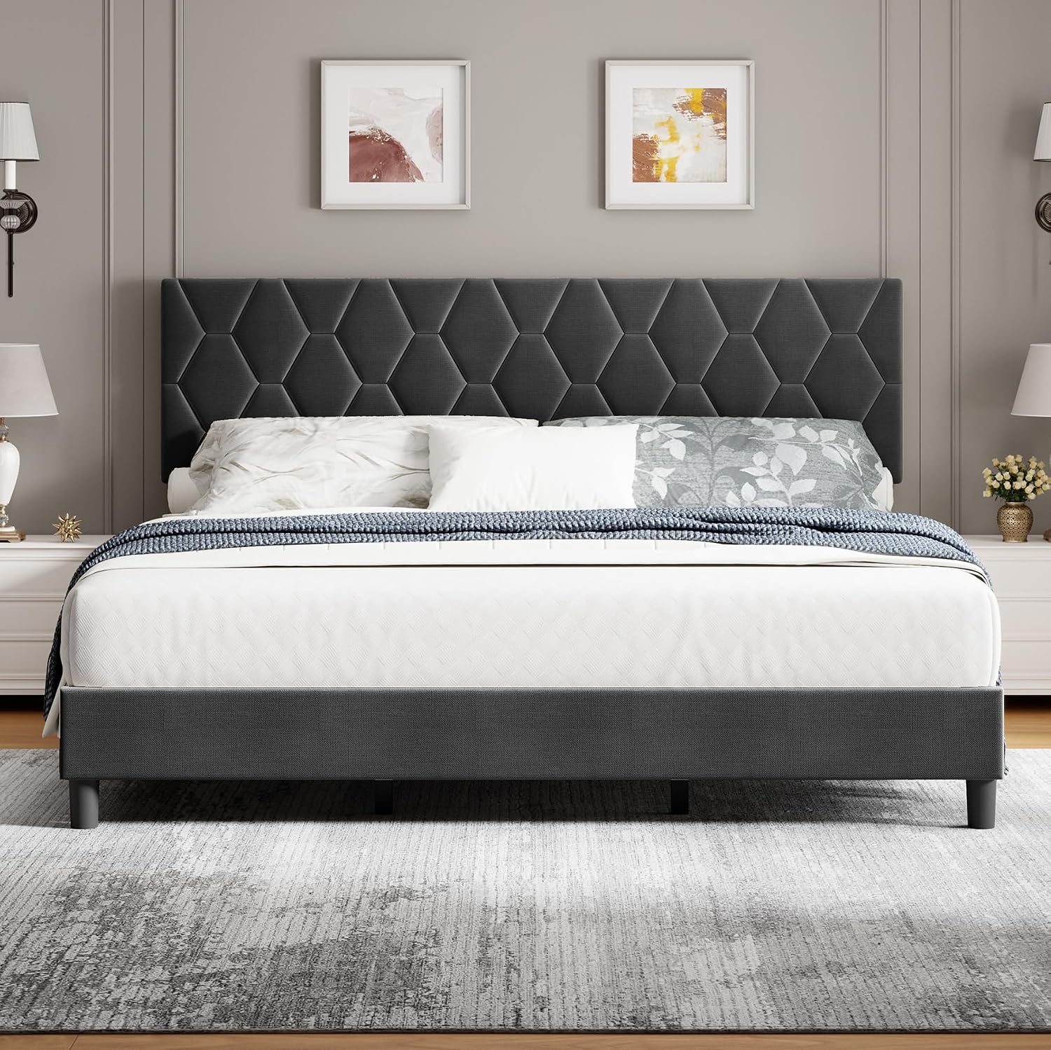 GarveeHome Full Size Platform Bed Frame with Upholstered Headboard and Wooden Slats Support, Upholstered Mattress Foundation/No Box Spring Needed/Easy Assembly, Grey